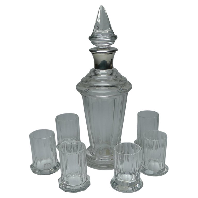 Moser Glass and 800 Silver Liqueur Decanter and Six Shot Glasses For