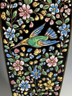 Moser Hand Blown Black Crystal Vase W/ Profuse Enamel Bird, Butterfly & Flowers