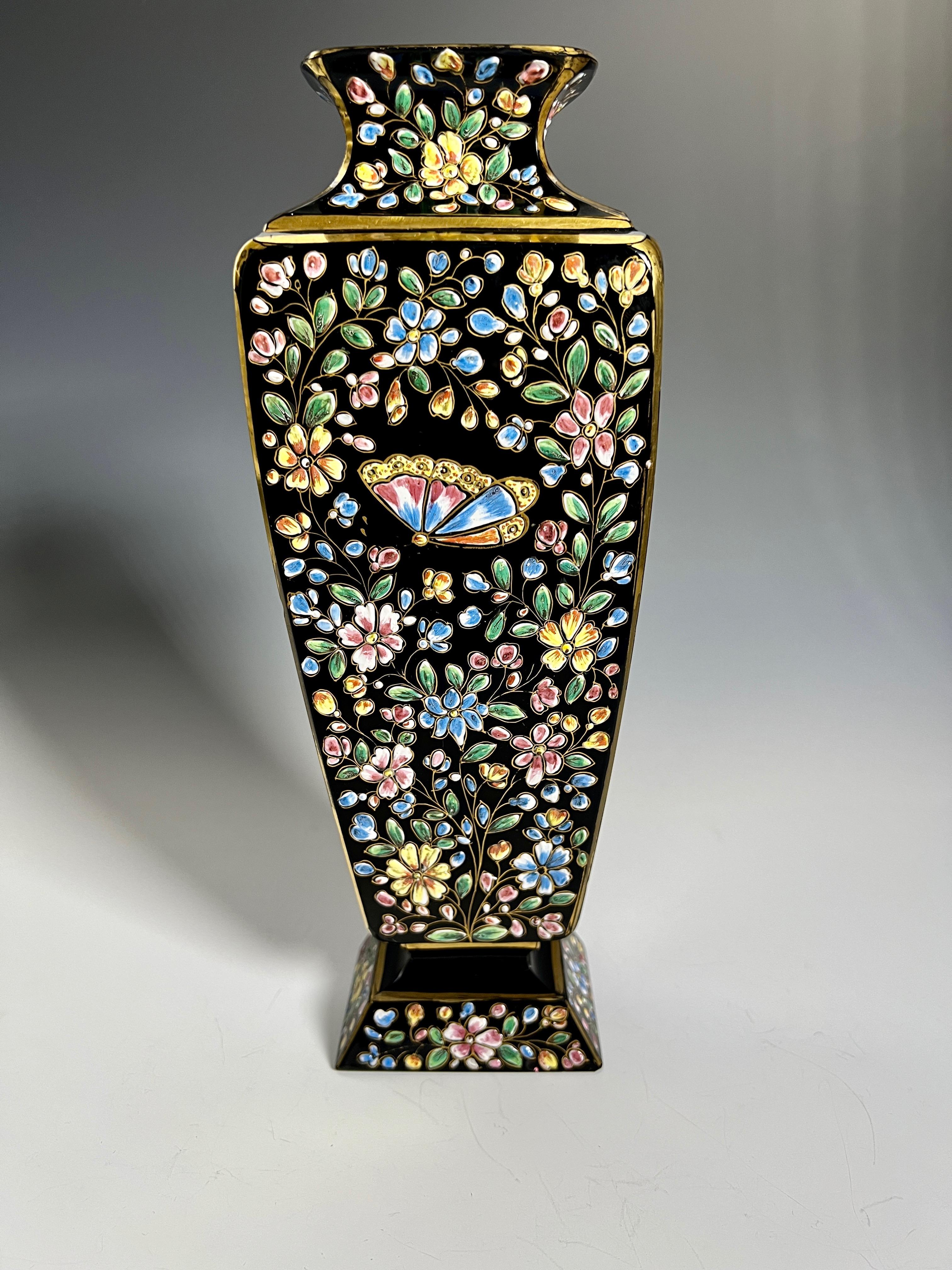 Art Deco Moser Hand Blown Black Crystal Vase W/ Profuse Enamel Bird, Butterfly & Flowers