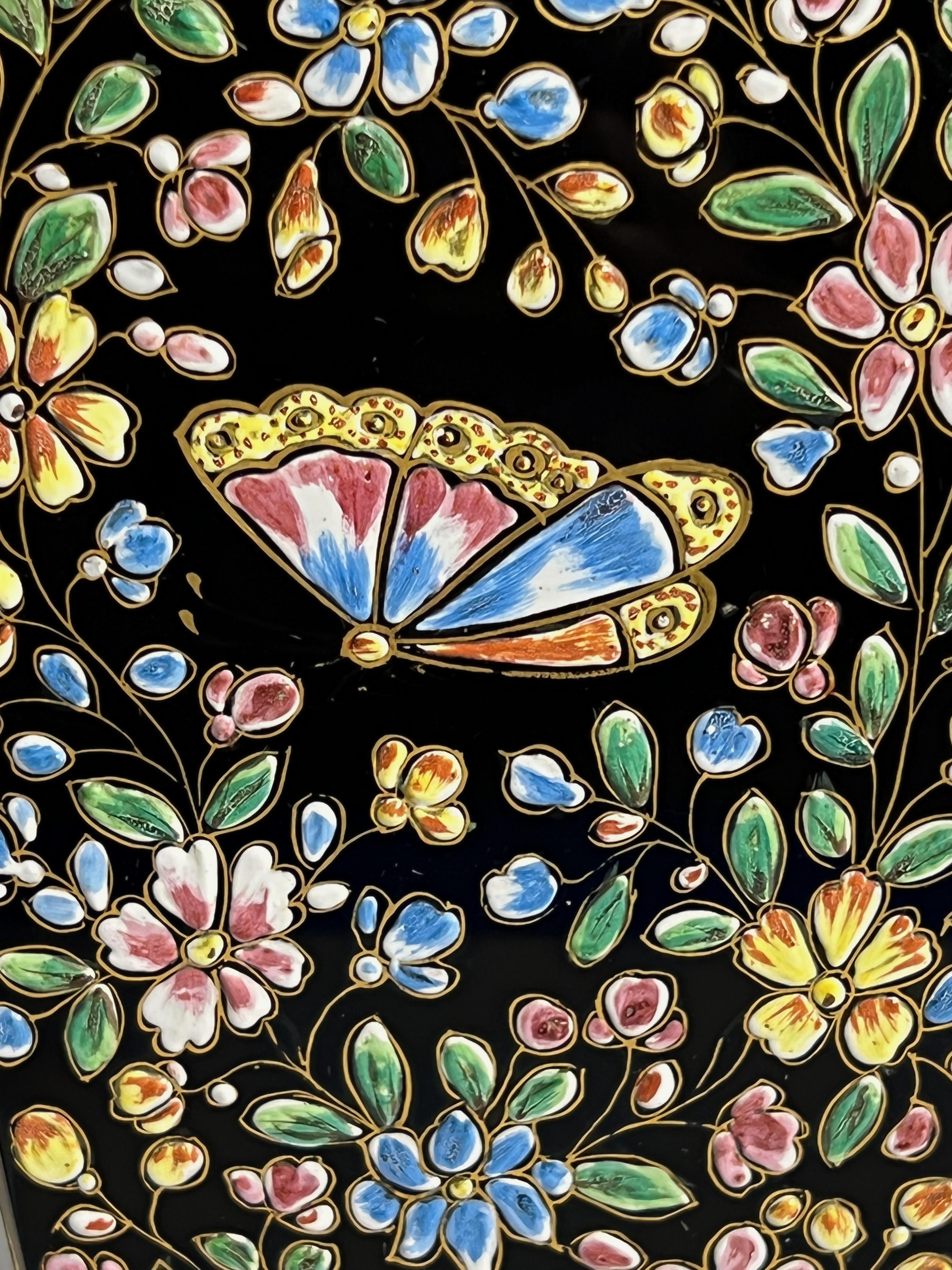 Czech Moser Hand Blown Black Crystal Vase W/ Profuse Enamel Bird, Butterfly & Flowers