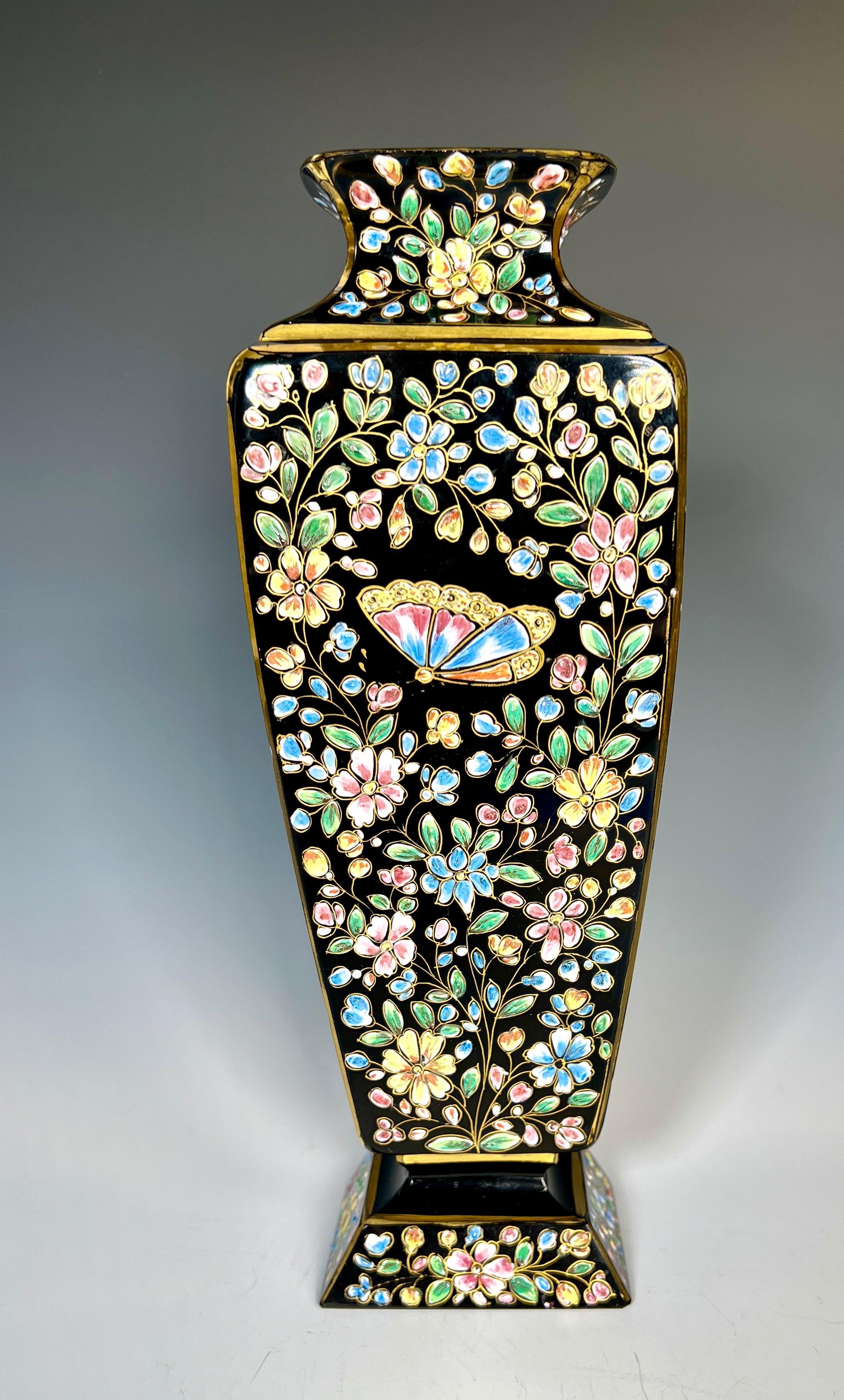 20th Century Moser Hand Blown Black Crystal Vase W/ Profuse Enamel Bird, Butterfly & Flowers