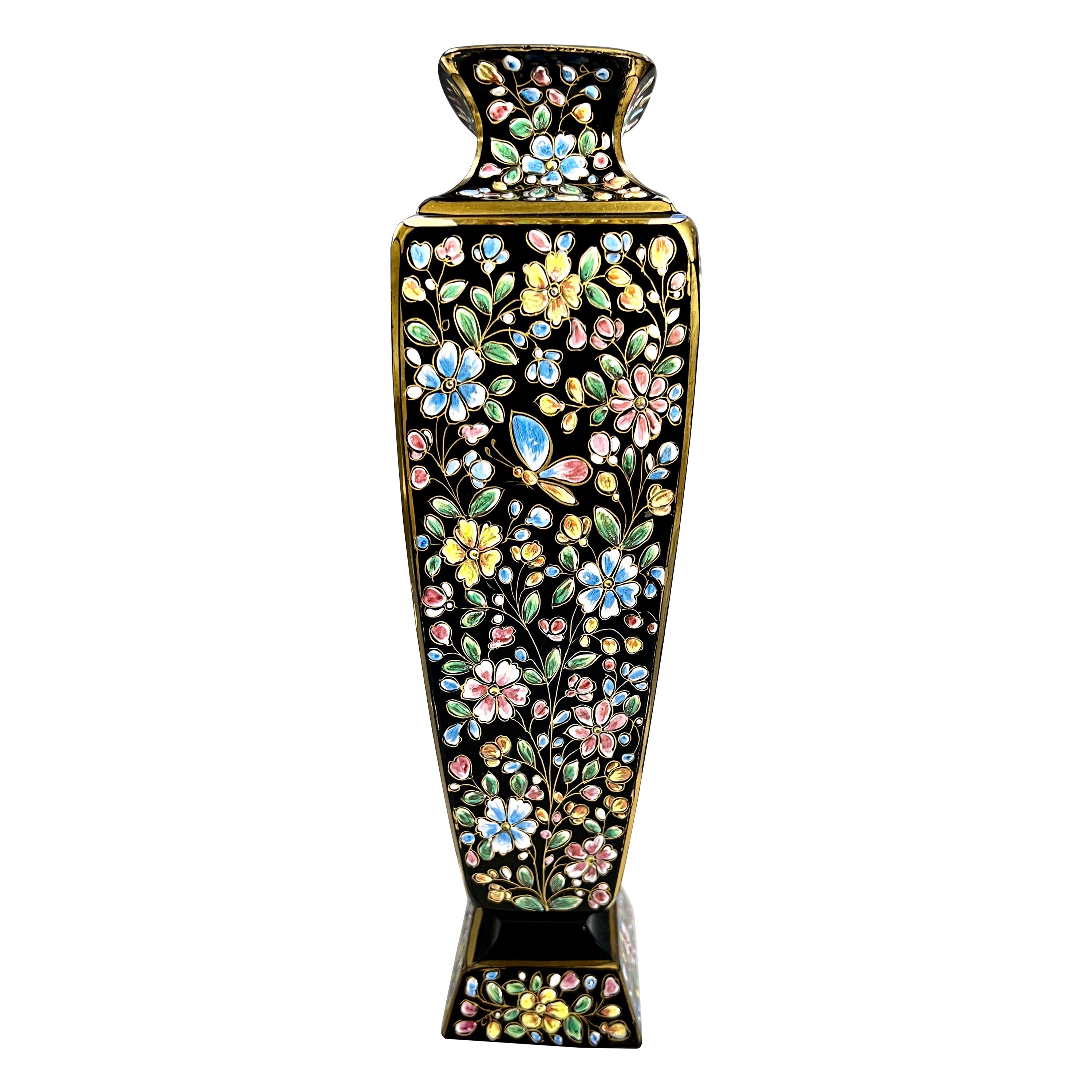 Moser Hand Blown Black Crystal Vase W/ Profuse Enamel Bird, Butterfly 
Flowers