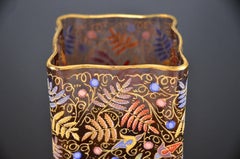 Moser Hand Blown Quatrefoil Vase Hand Painted Enamel Ferns and Raised Paste Gold