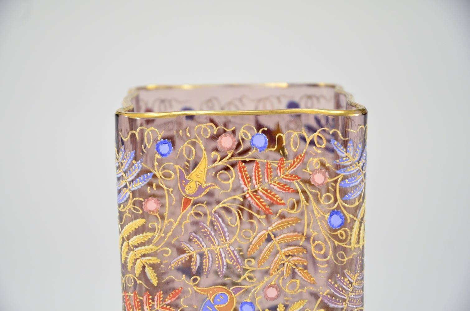 Enameled Moser Hand Blown Quatrefoil Vase Hand Painted Enamel Ferns and Raised Paste Gold
