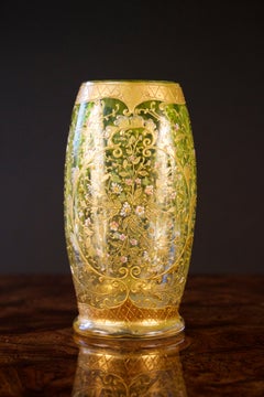 Moser Hand Painted and Gilded Vase, Small Pink Flowers on Green