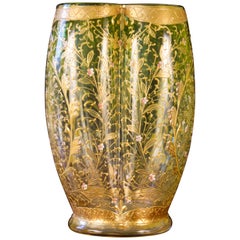 Moser Hand Painted and Gilded Vase, Small Pink Flowers on Green