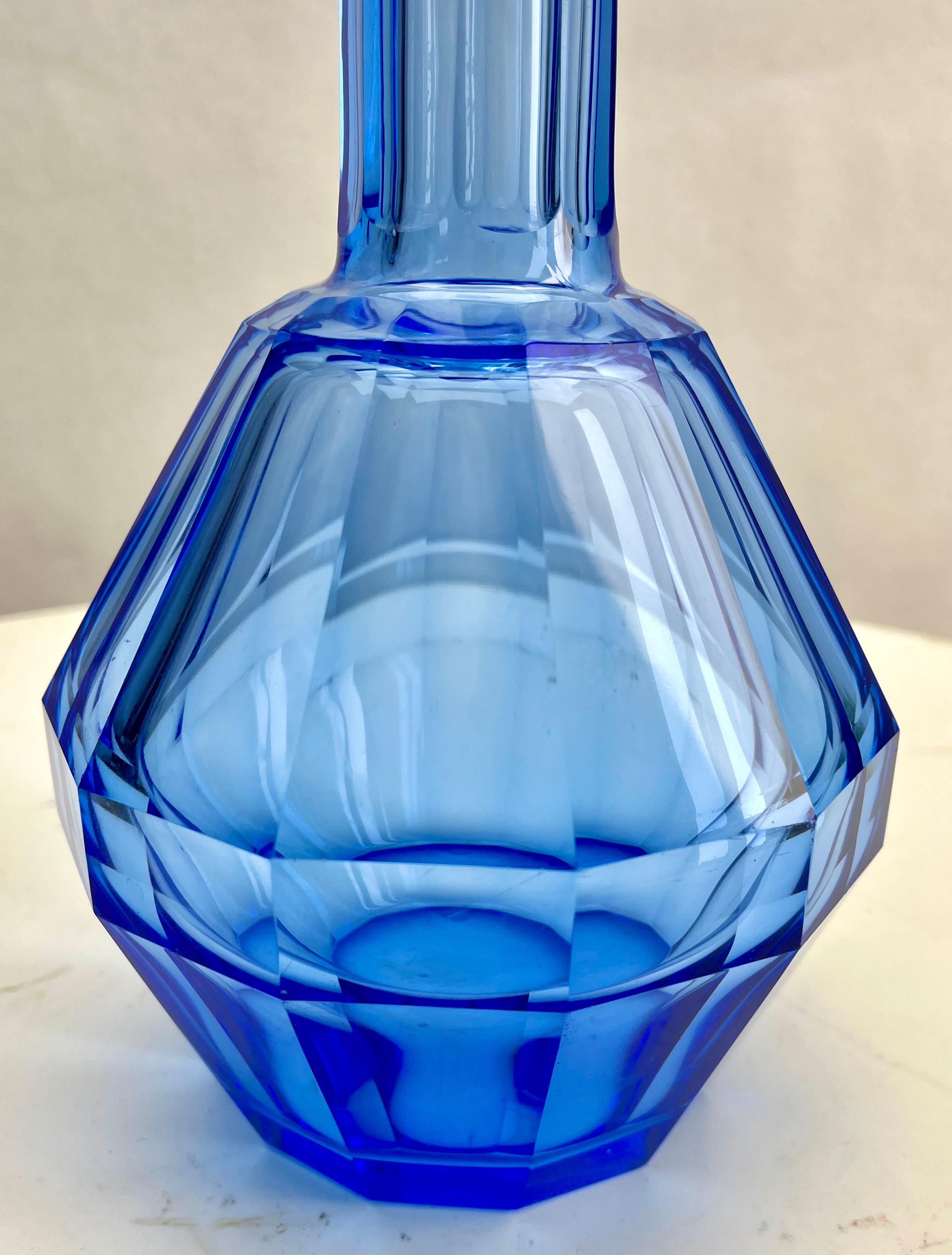 Mid-Century Modern Moser is a Czech company 1857s Large Crystal Faceted Decanter Cobalt blue For Sale