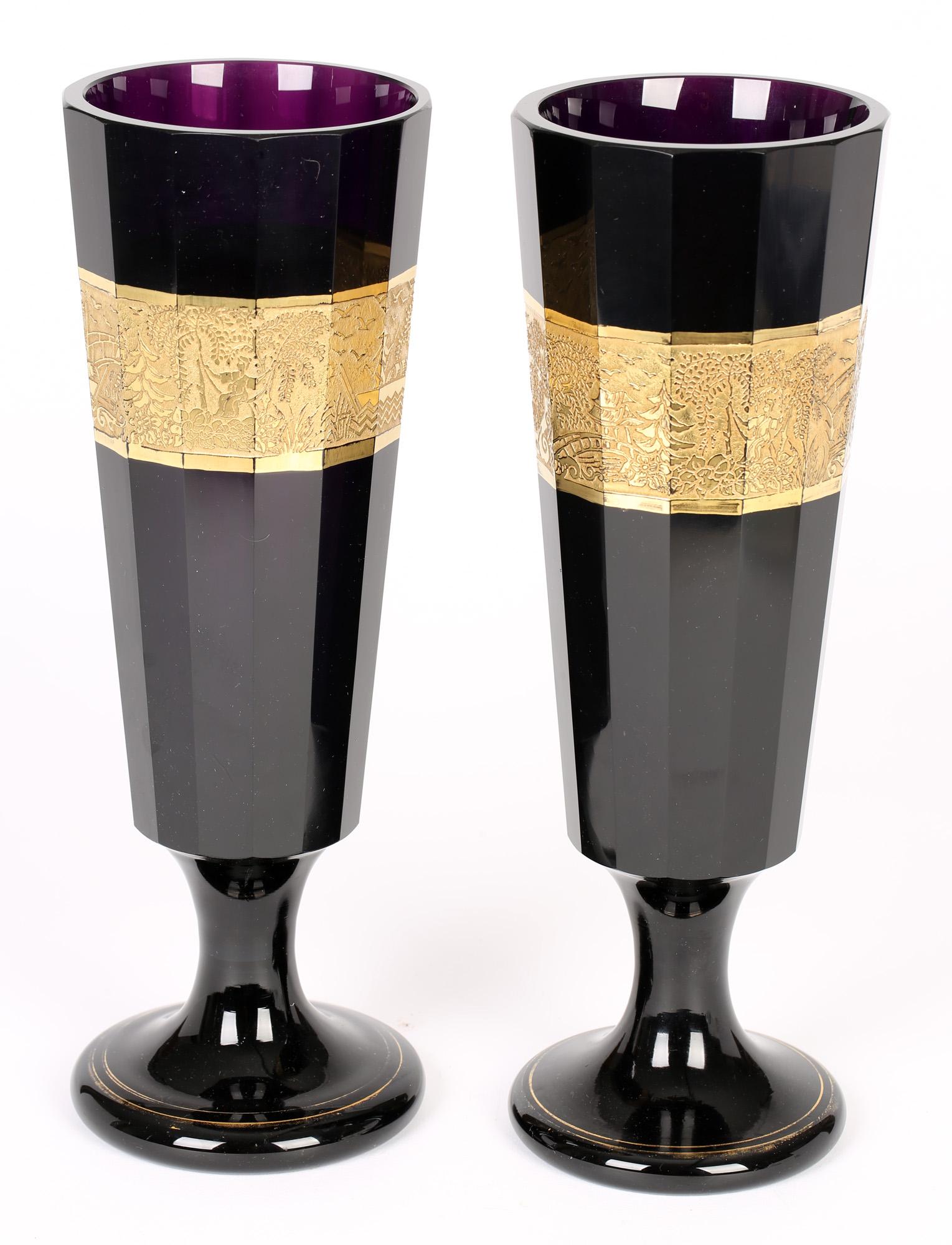 Moser Large Pair Amethyst Pedestal Glass Vases with Chinese Designs  For Sale 6