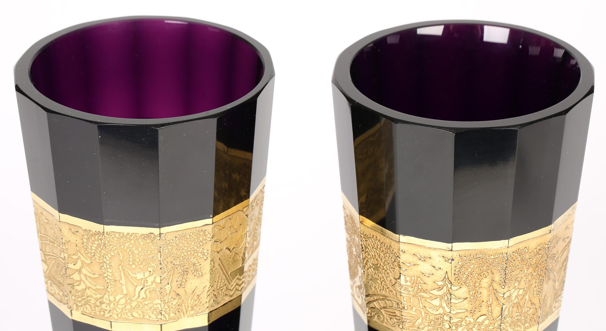 Moser Large Pair Amethyst Pedestal Glass Vases with Chinese Designs  For Sale 8