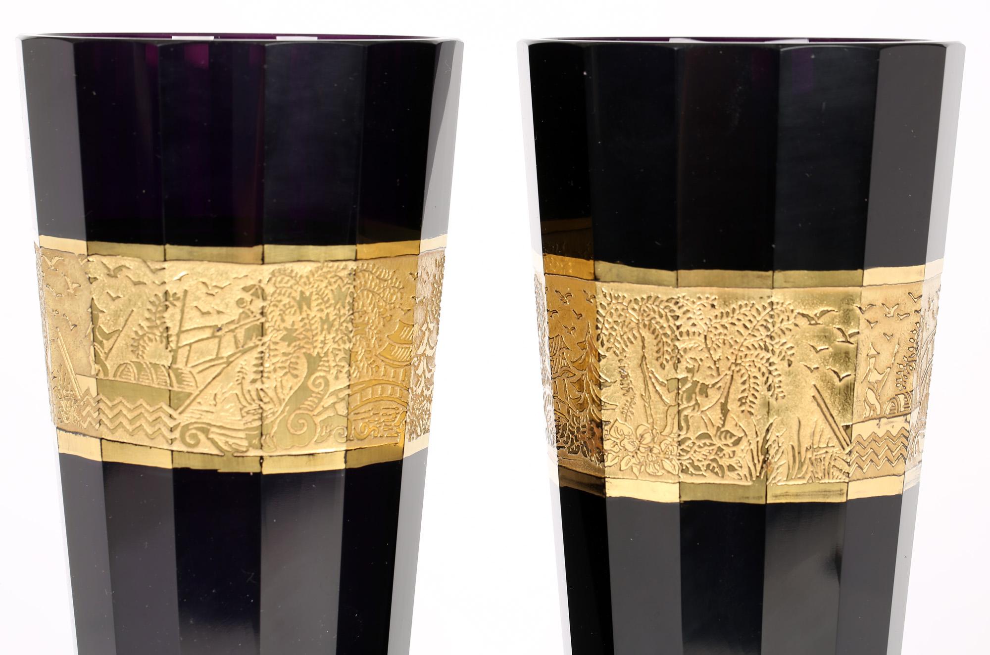 Moser Large Pair Amethyst Pedestal Glass Vases with Chinese Designs  In Good Condition For Sale In Bishop's Stortford, Hertfordshire