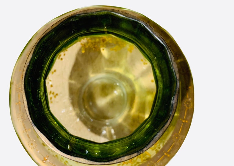 Czech Moser Light Green Gilt Glass Centerpiece Vase For Sale