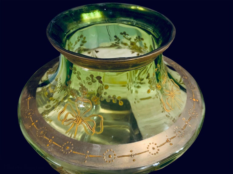 Hand-Painted Moser Light Green Gilt Glass Centerpiece Vase For Sale