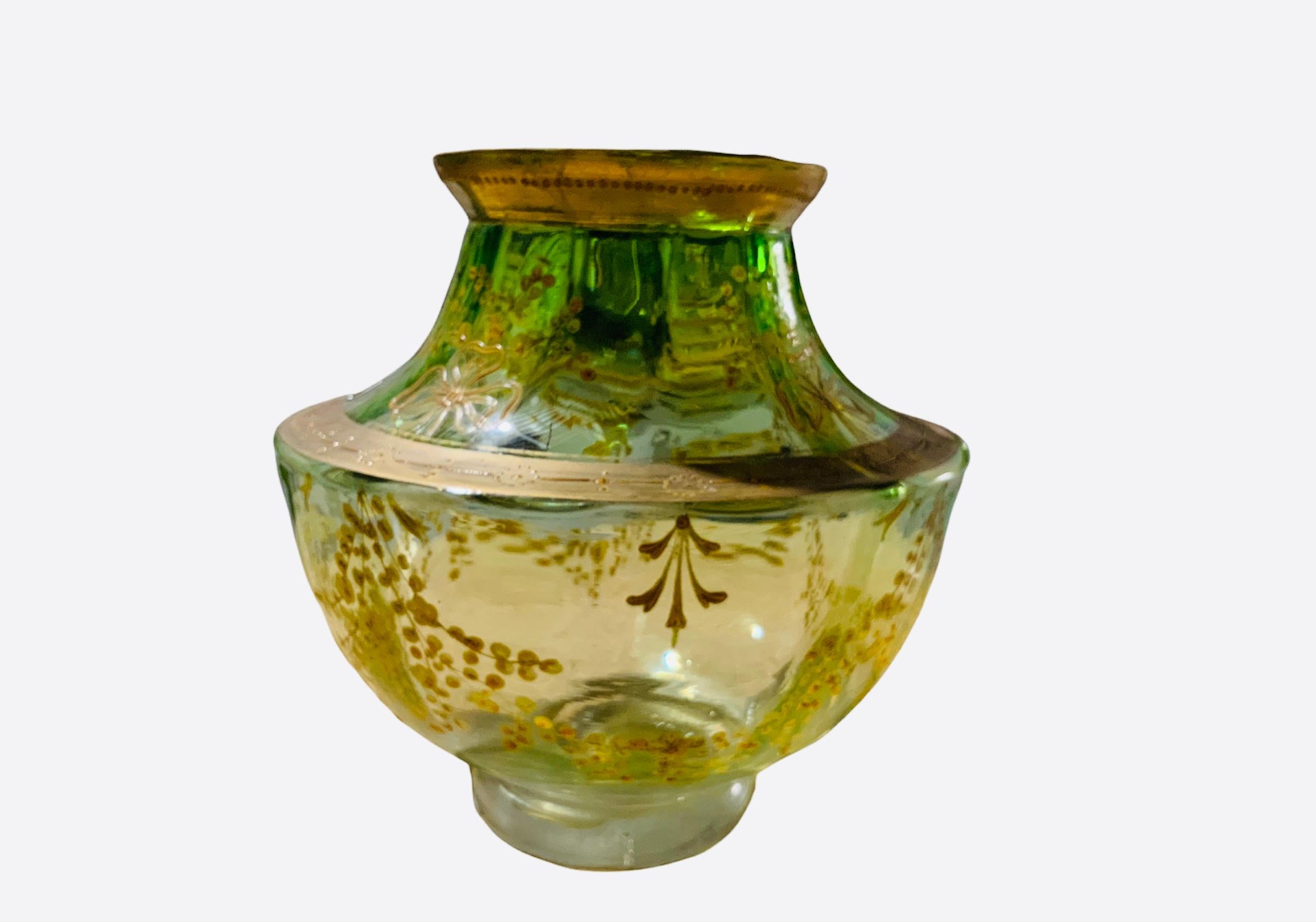 Neoclassical Moser Light Green Gilt Glass Centerpiece Vase For Sale