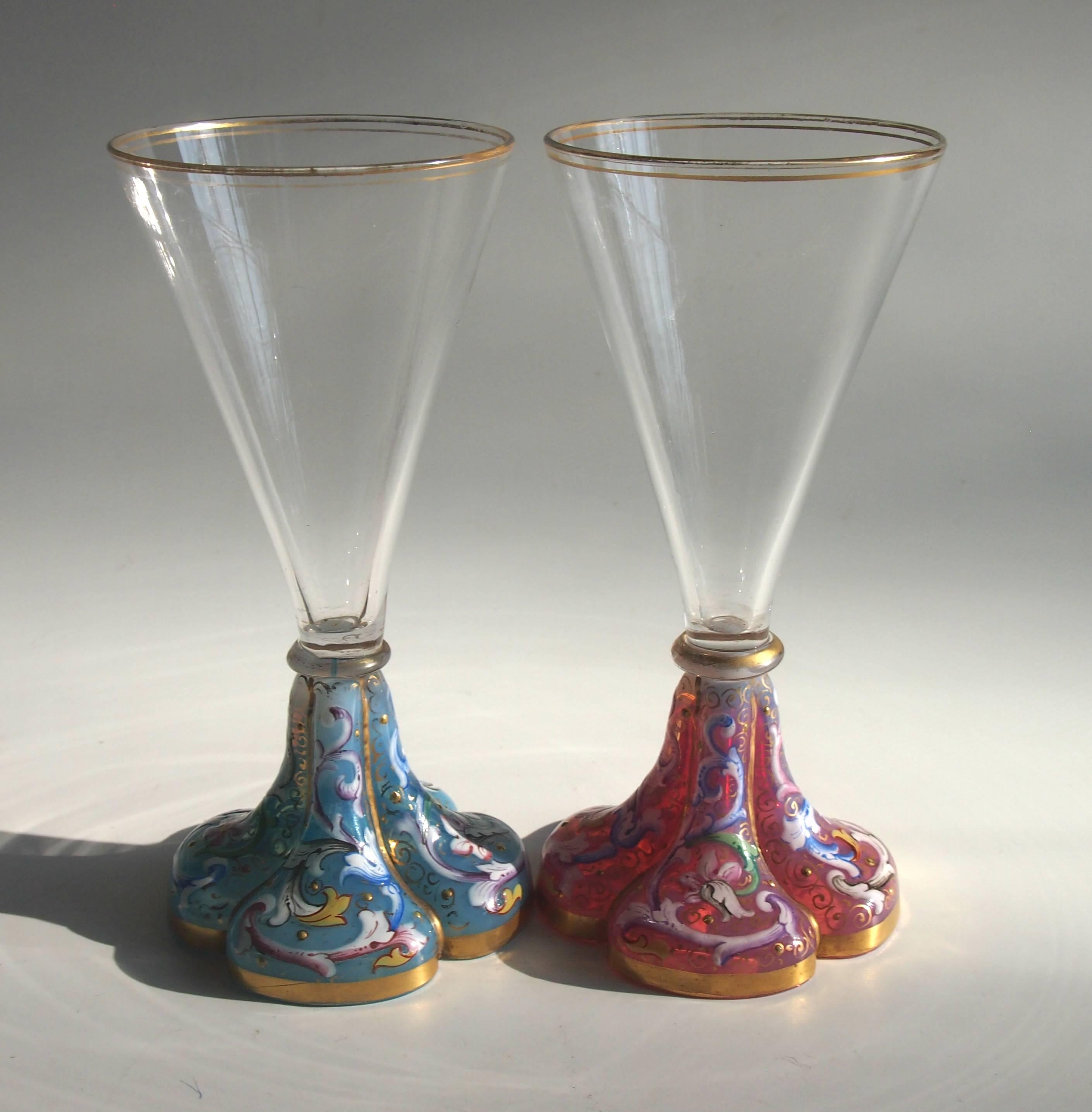 Czech Moser Pair of Art Nouveau Pink and Blue Opal Liquor Glasses