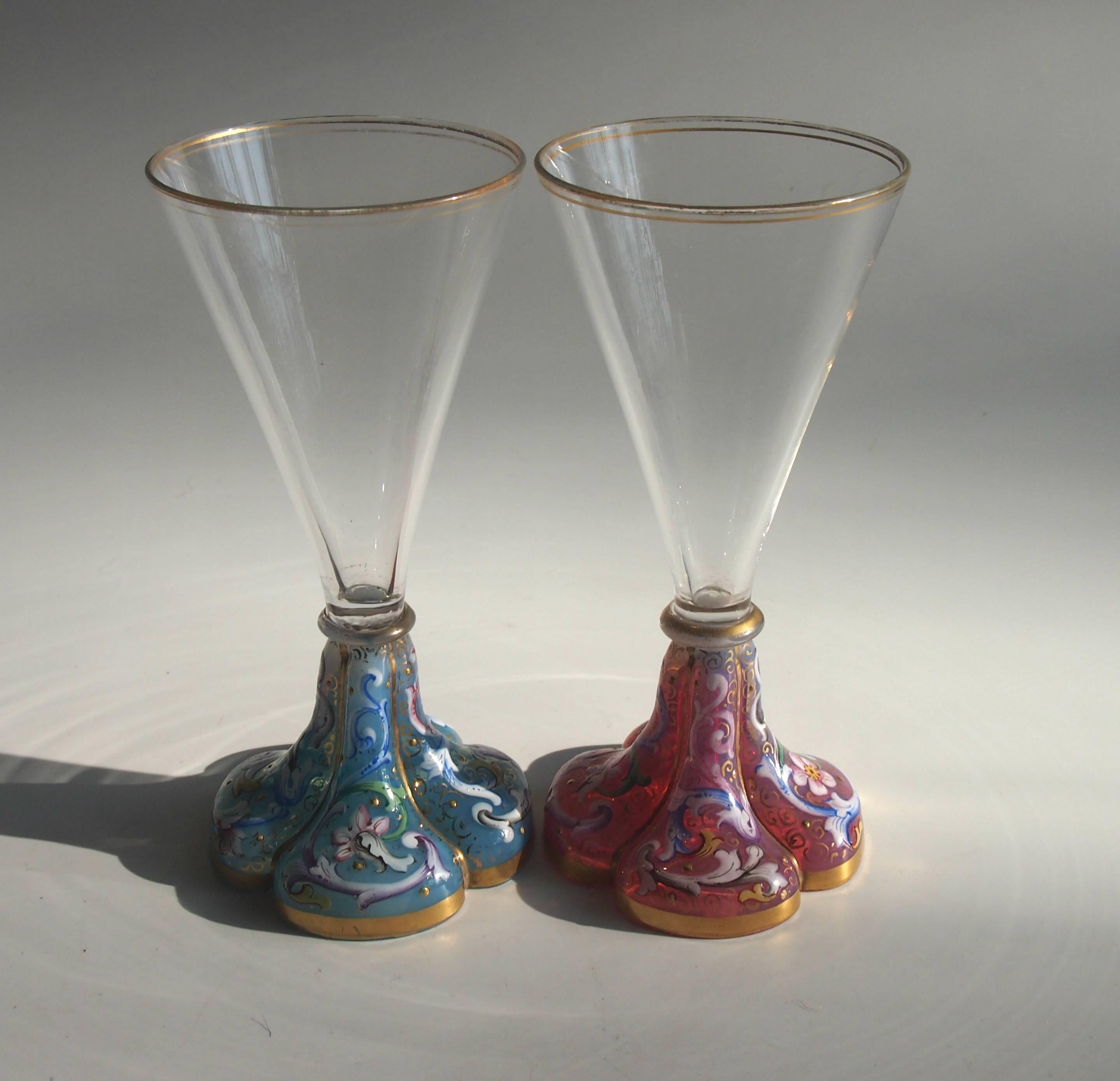 Moser Pair of Art Nouveau Pink and Blue Opal Liquor Glasses In Excellent Condition In London, GB