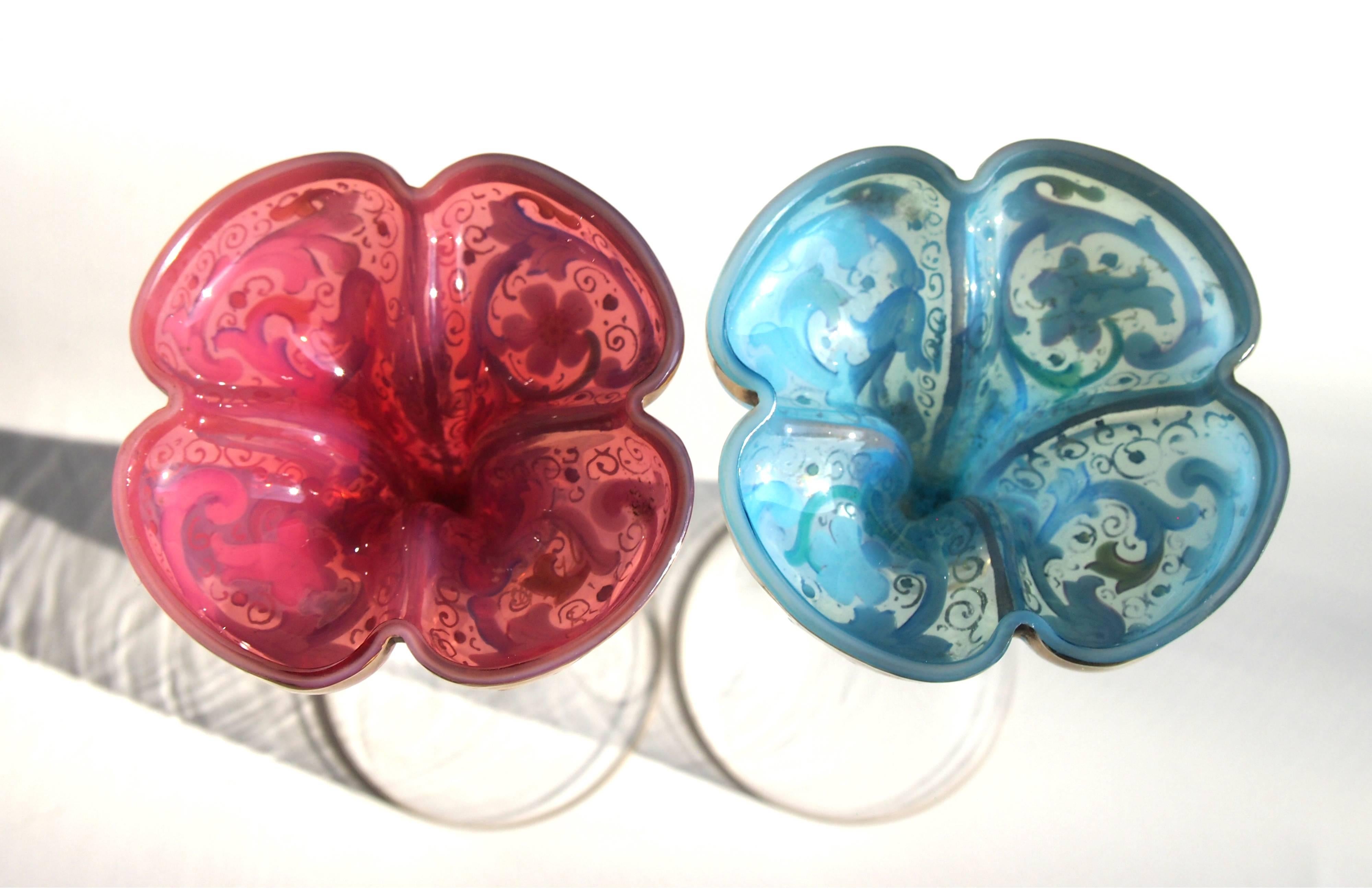 Art Glass Moser Pair of Art Nouveau Pink and Blue Opal Liquor Glasses