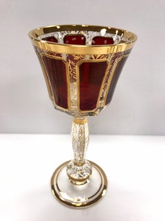 Moser Pair of Burgundy and Gold Bohemian Wine Glasses Goblets