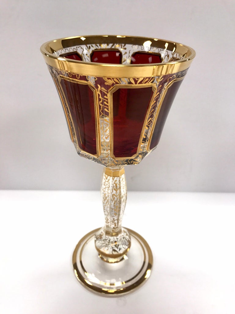 Moser Pair of Burgundy and Gold Bohemian Wine Glasses Goblets at 1stDibs