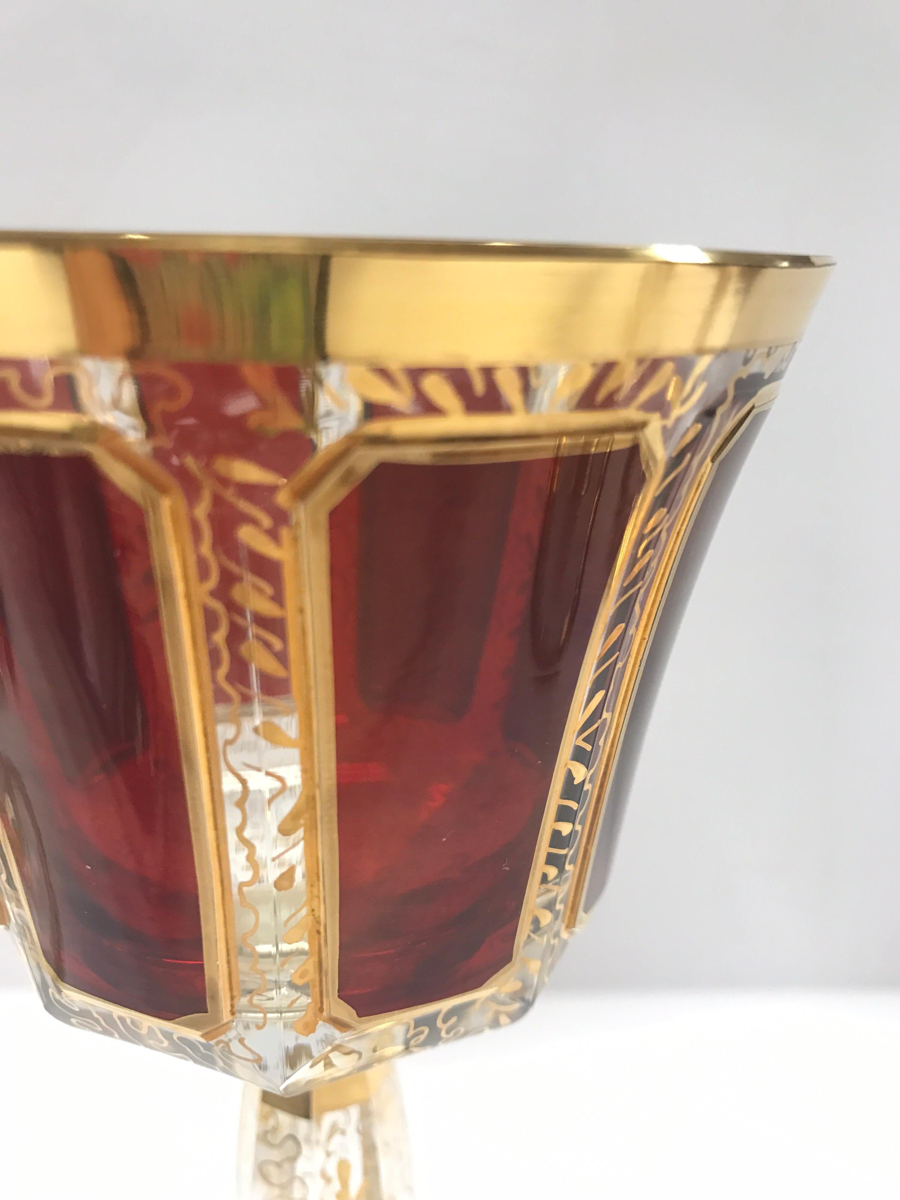 Moser Pair of Burgundy and Gold Bohemian Wine Glasses Goblets 1