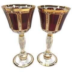Vintage Moser Pair of Burgundy and Gold Bohemian Wine Glasses Goblets