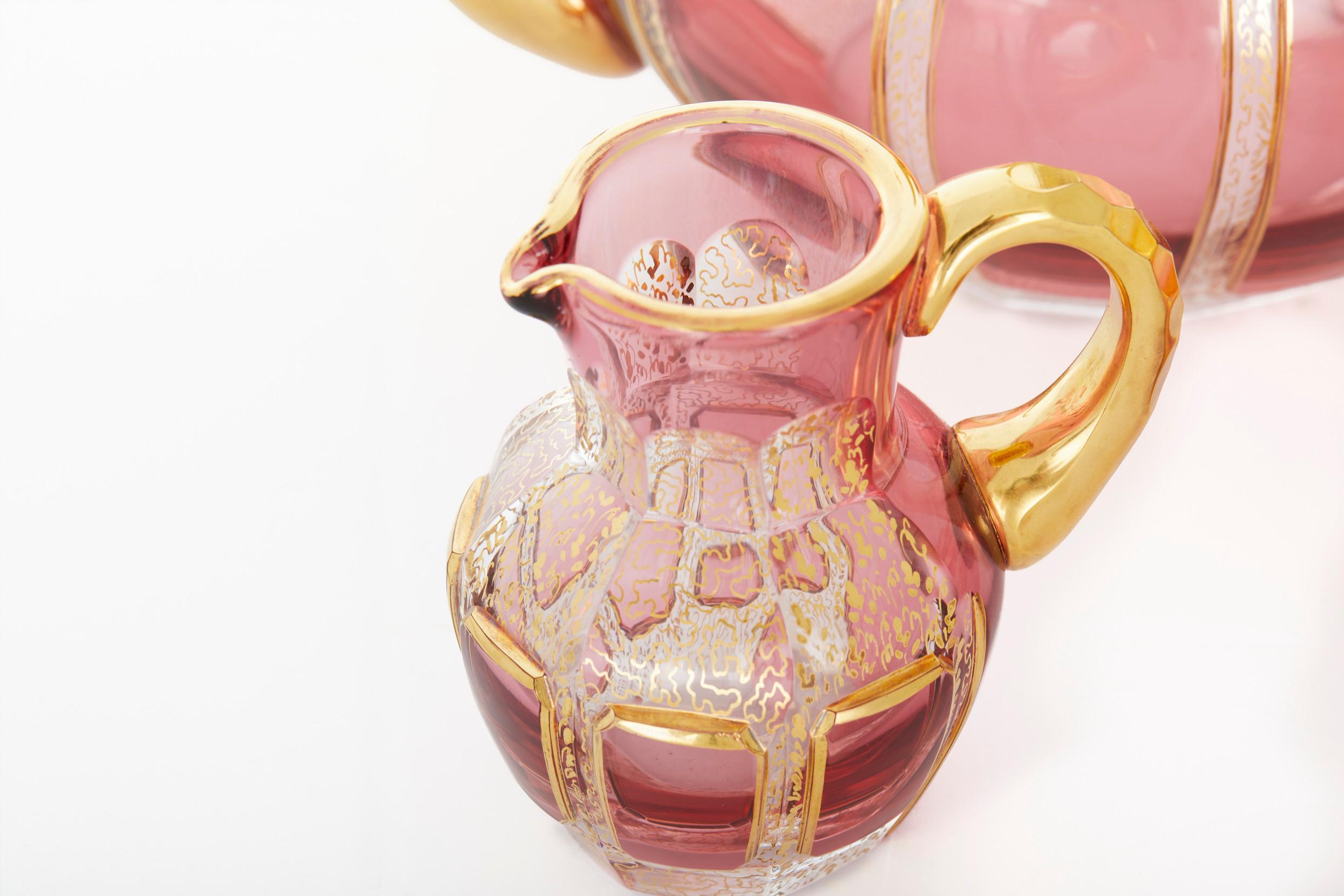 Moser Pink Paneled / Gilt Glass Tea / Coffee Service 6