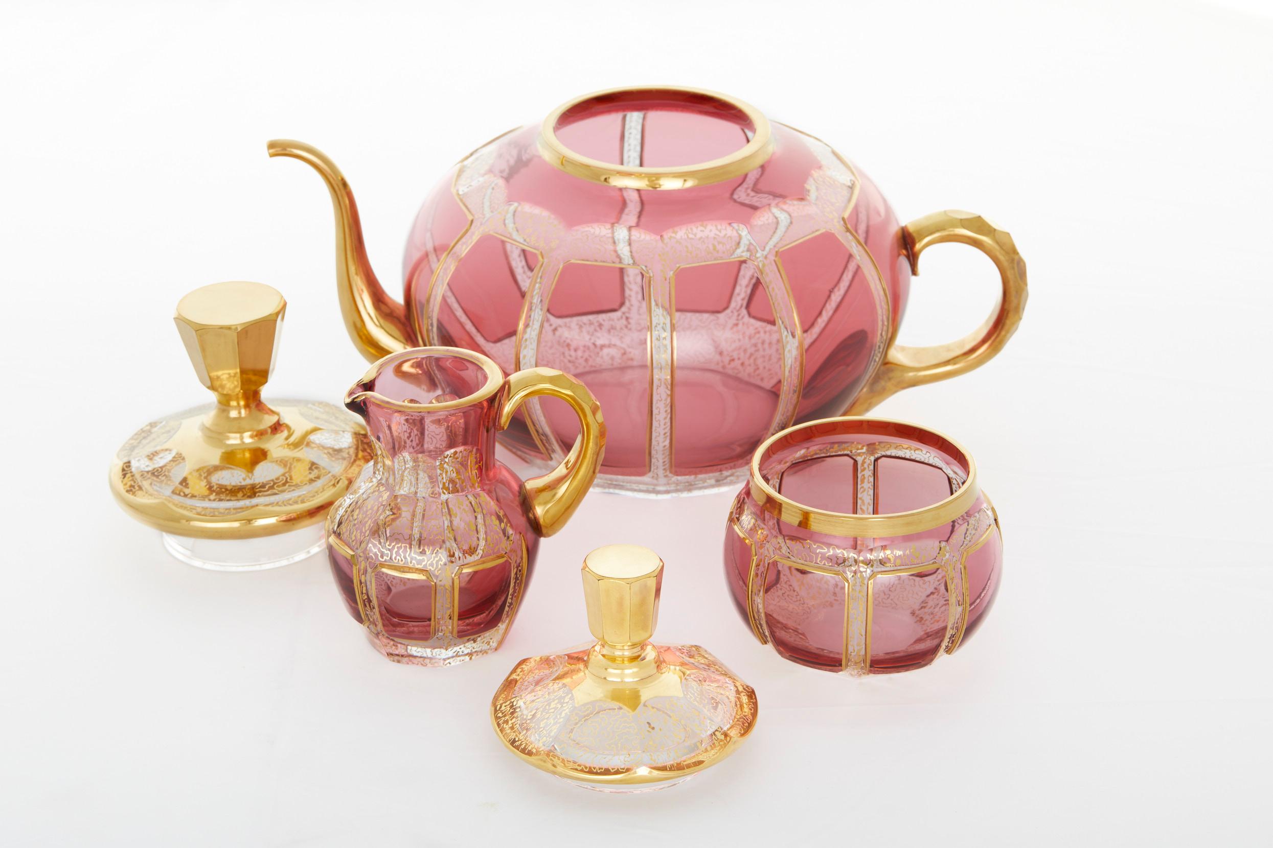 Moser Pink Paneled / Gilt Glass Tea / Coffee Service 10