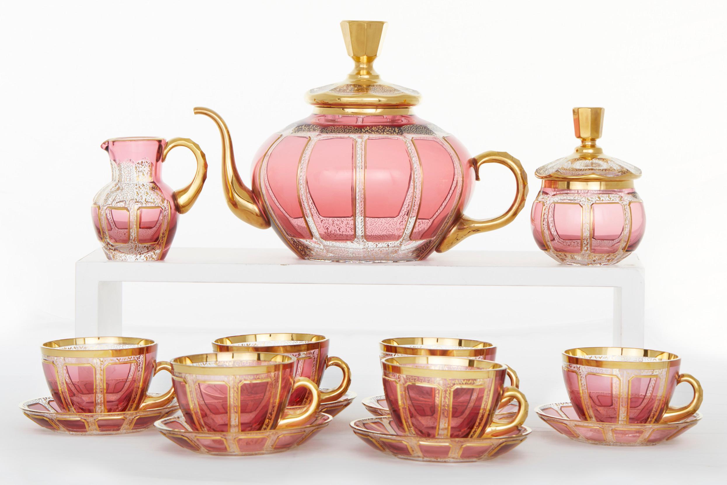 Moser Pink Paneled / Gilt Glass Tea / Coffee Service 11