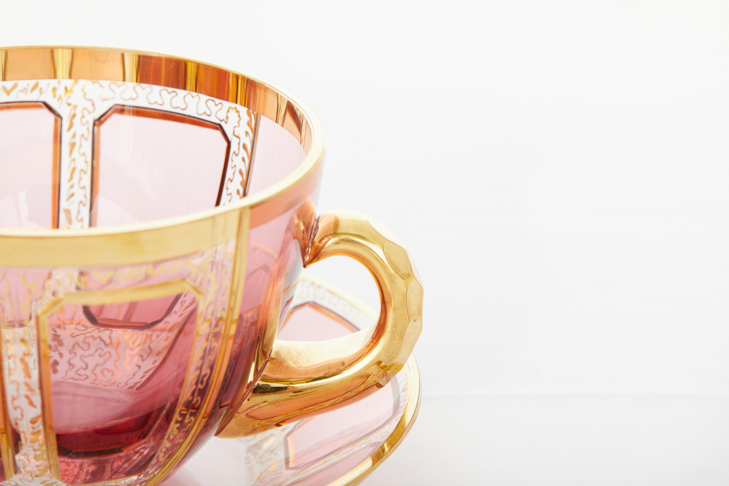 Gold Moser Pink Paneled / Gilt Glass Tea / Coffee Service