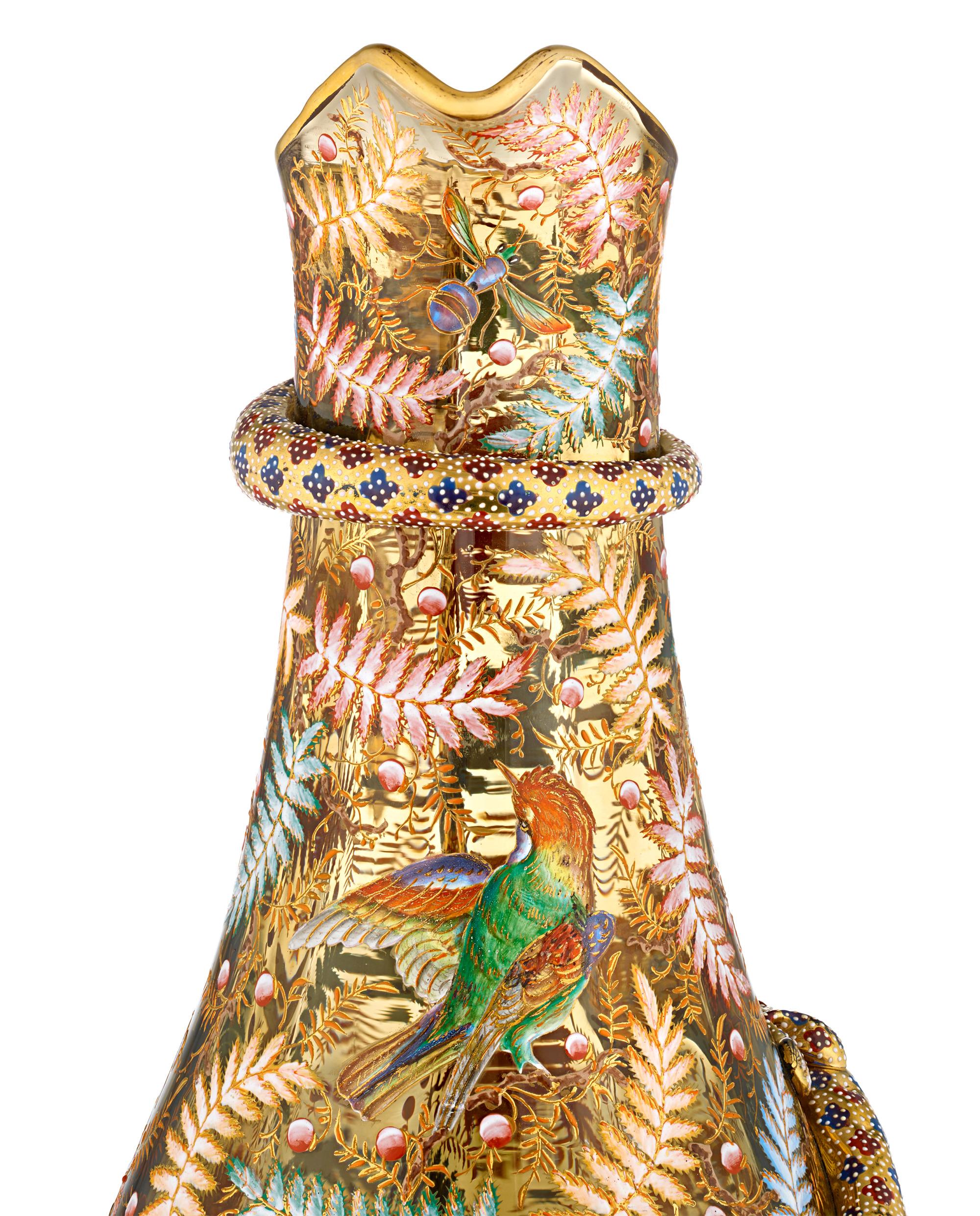 Bohemian Moser Pitcher With Enameled Bird And Salamander For Sale