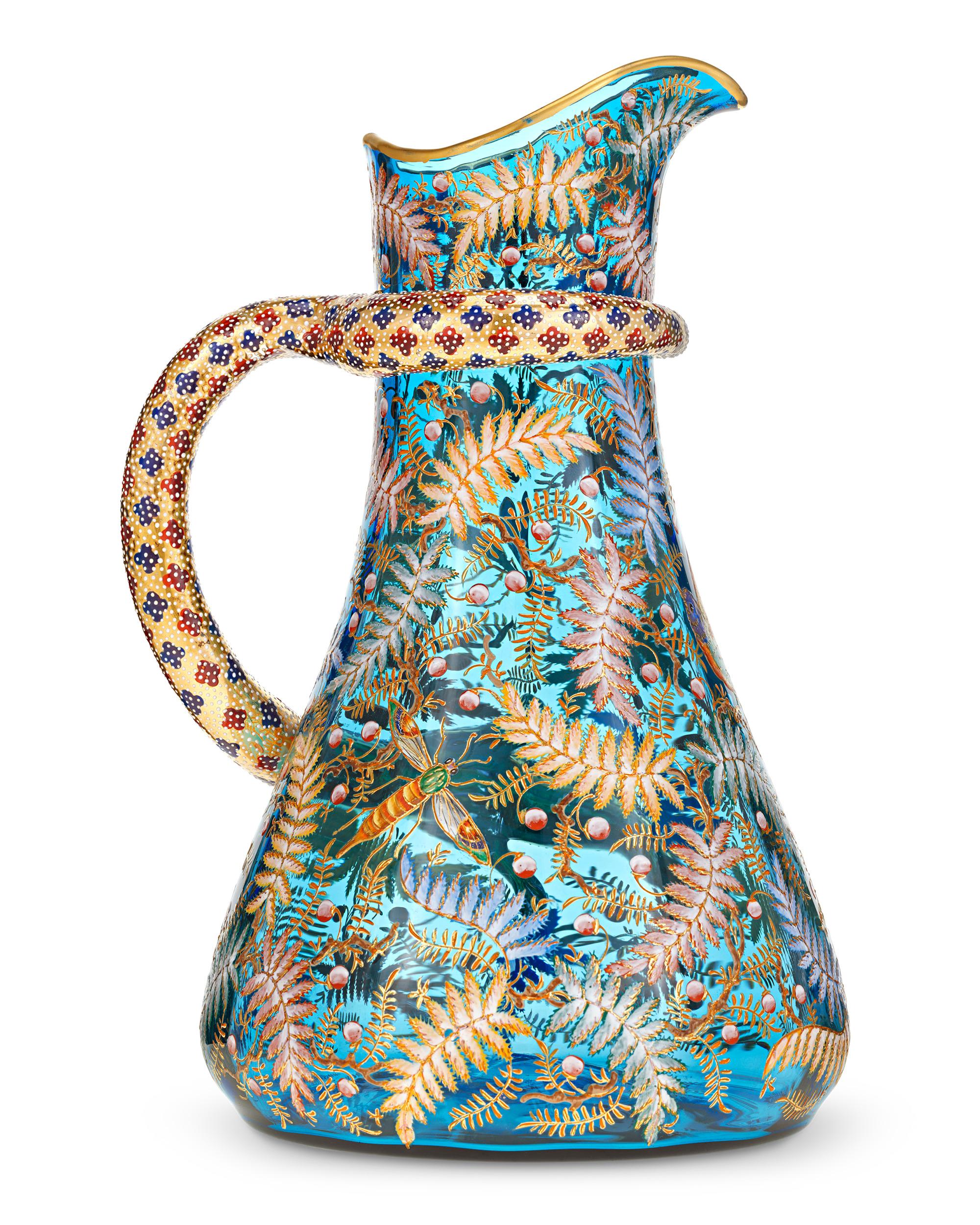 Bohemian Moser Pitcher with Enameled Bird and Salamander