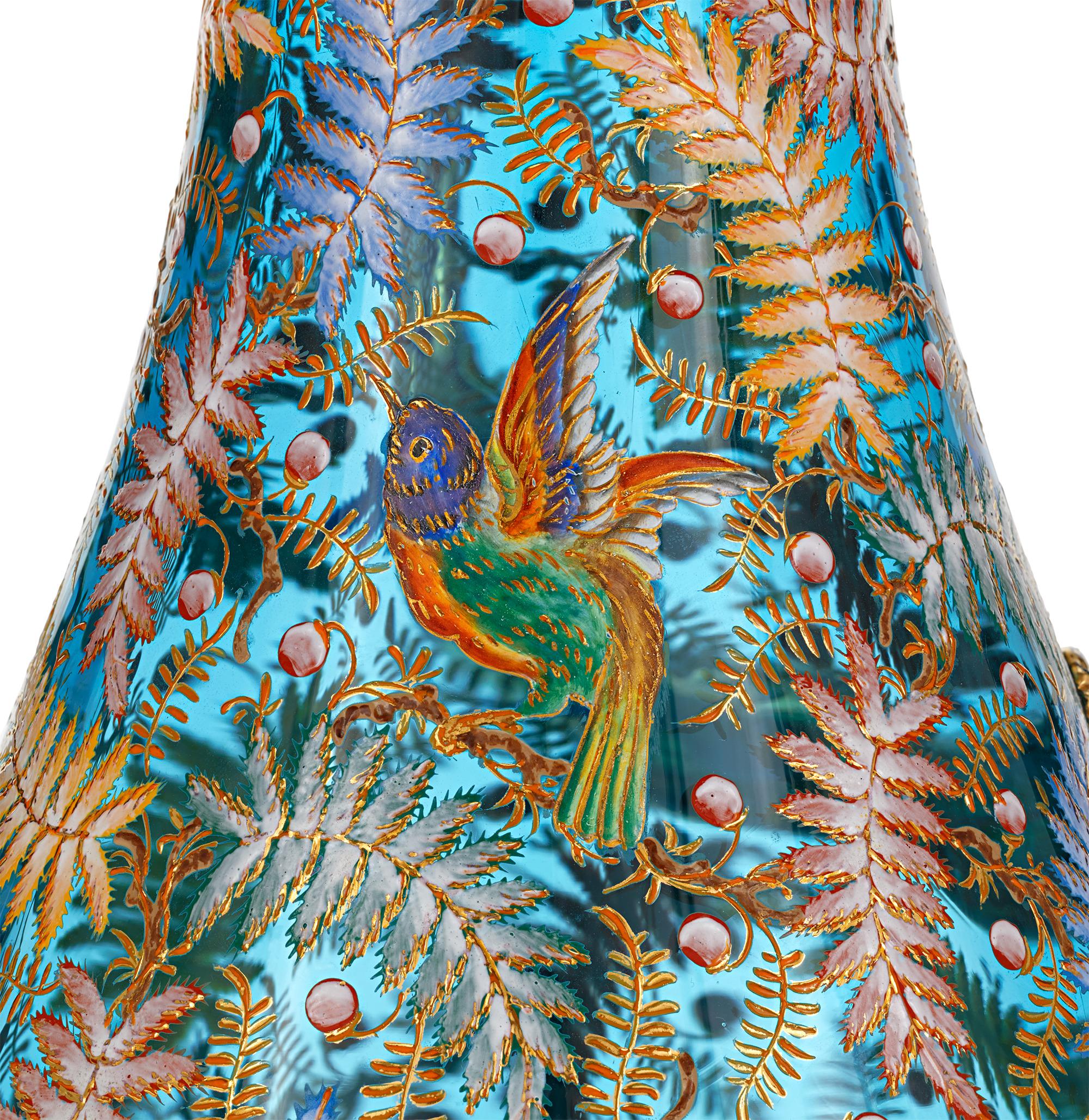 Czech Moser Pitcher with Enameled Bird and Salamander