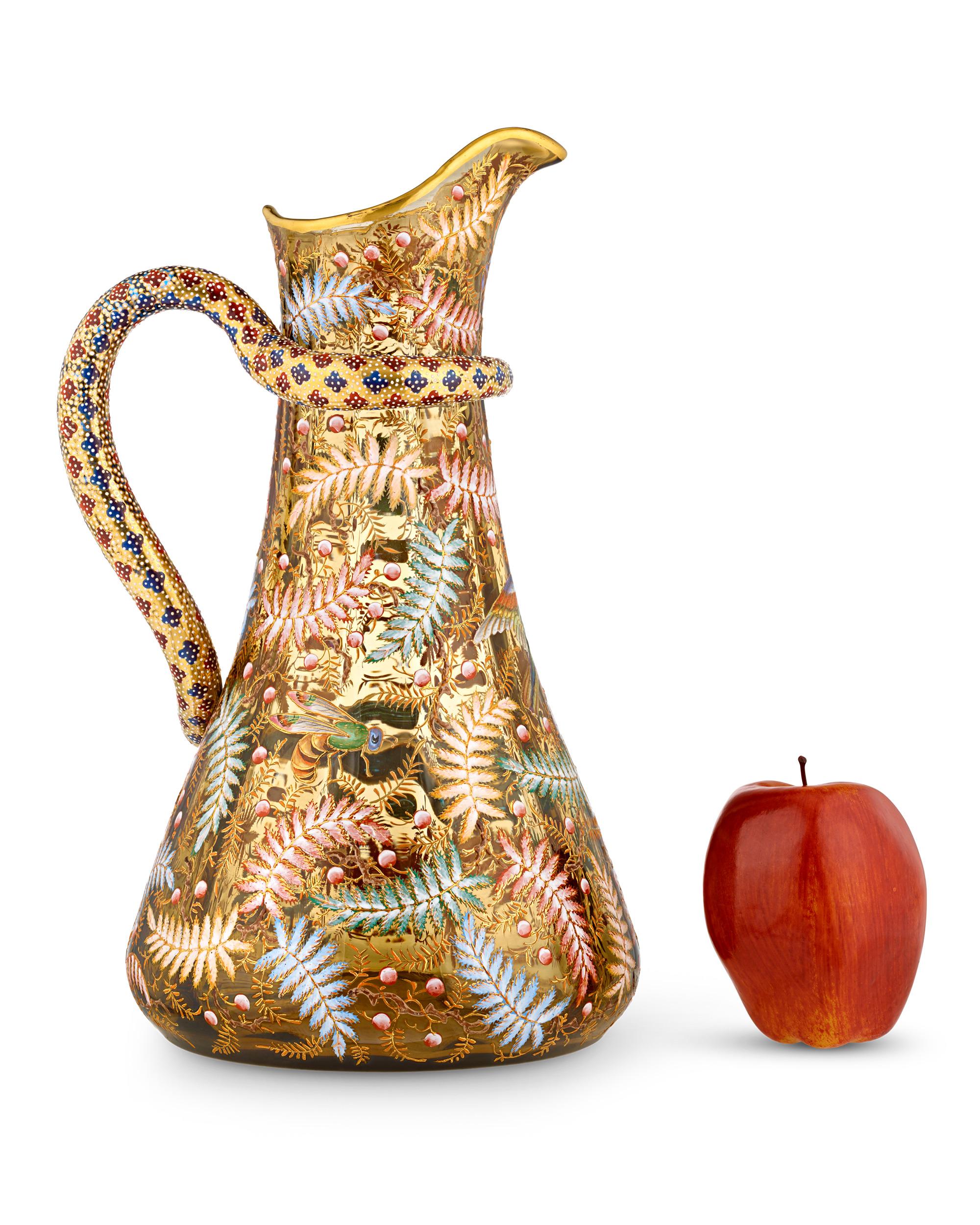 19th Century Moser Pitcher With Enameled Bird And Salamander For Sale