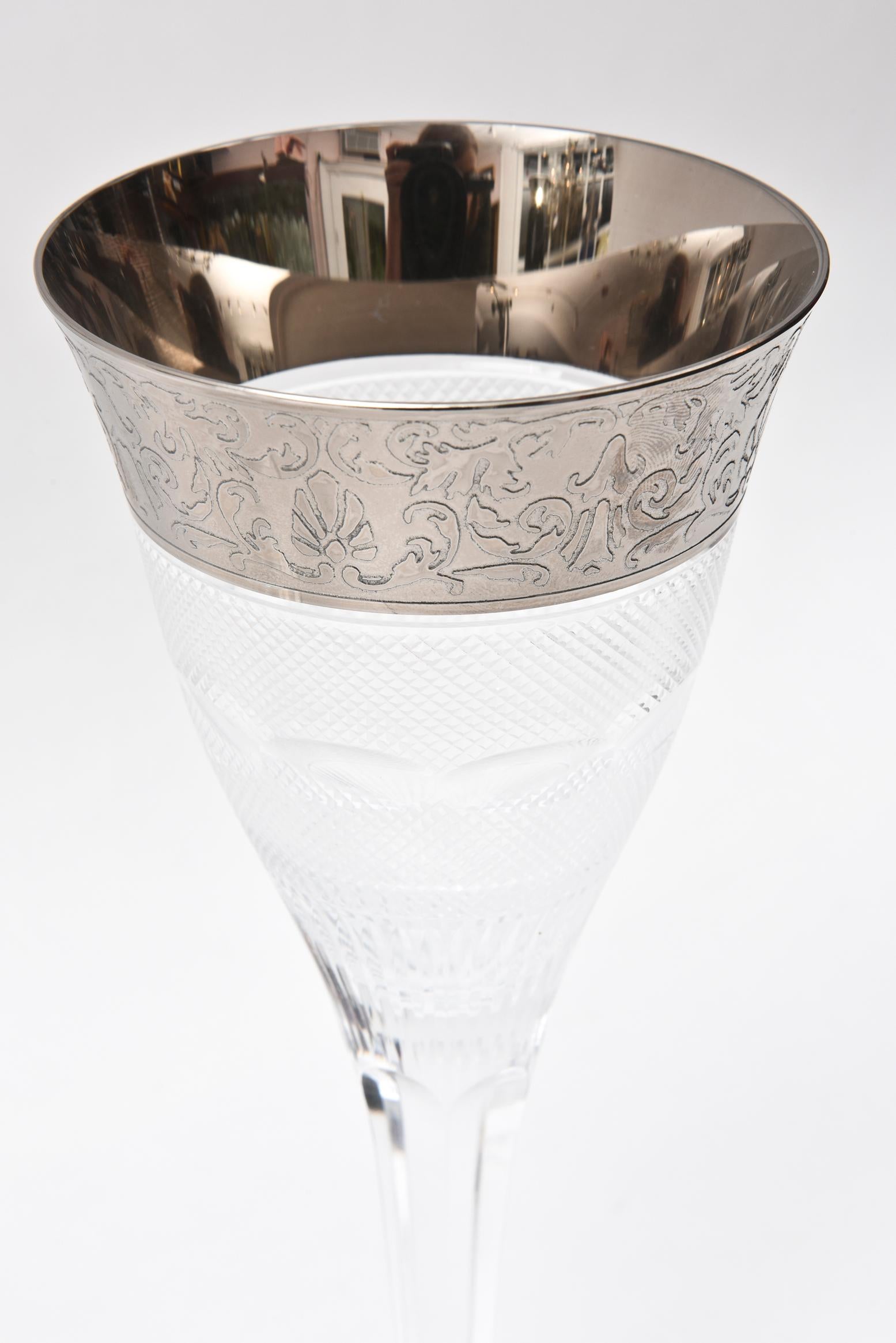 Moser Platinum Trimmed Cut Crystal Goblets, Tall Set of 6 4