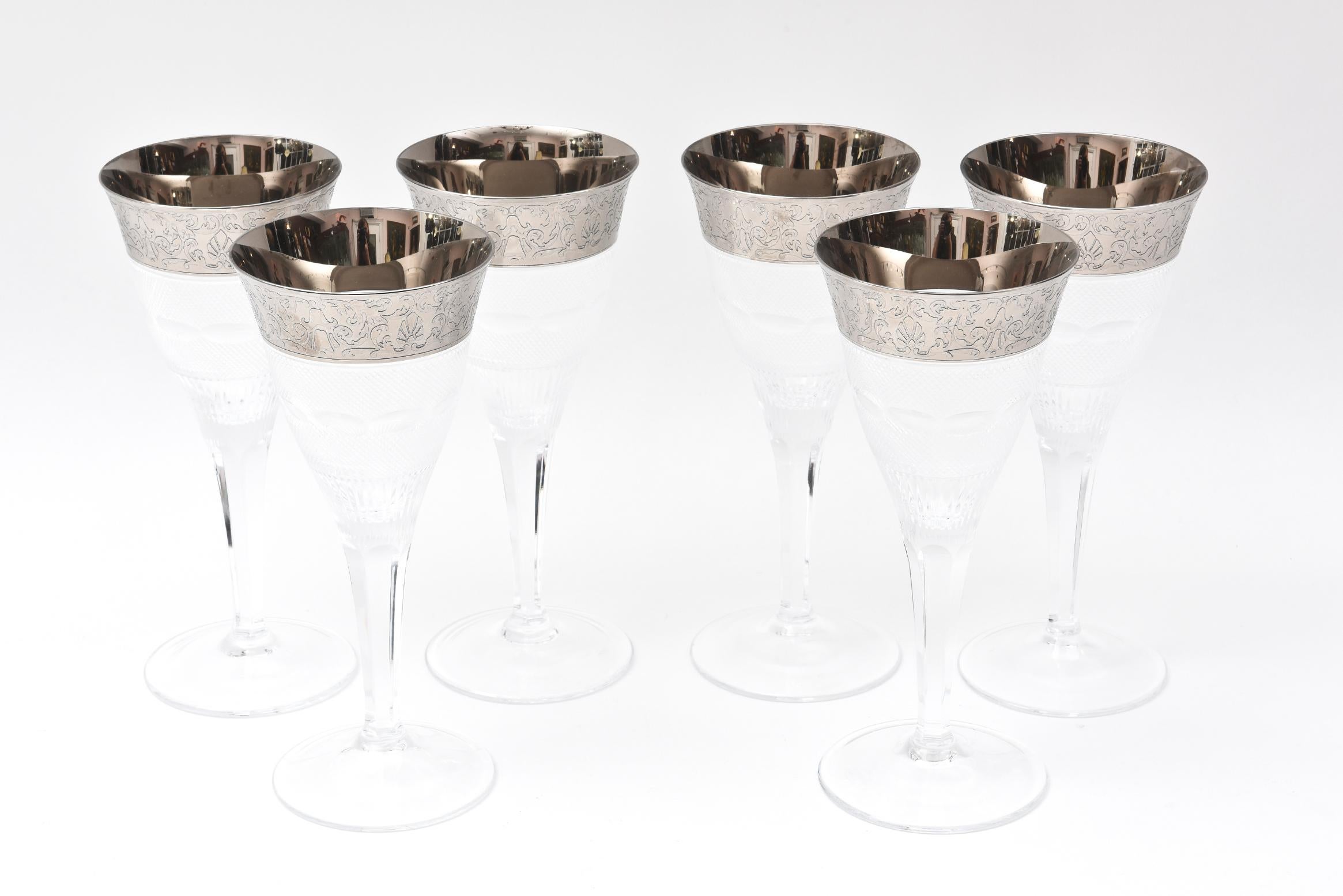 Moser Platinum Trimmed Cut Crystal Goblets, Tall Set of 6 2