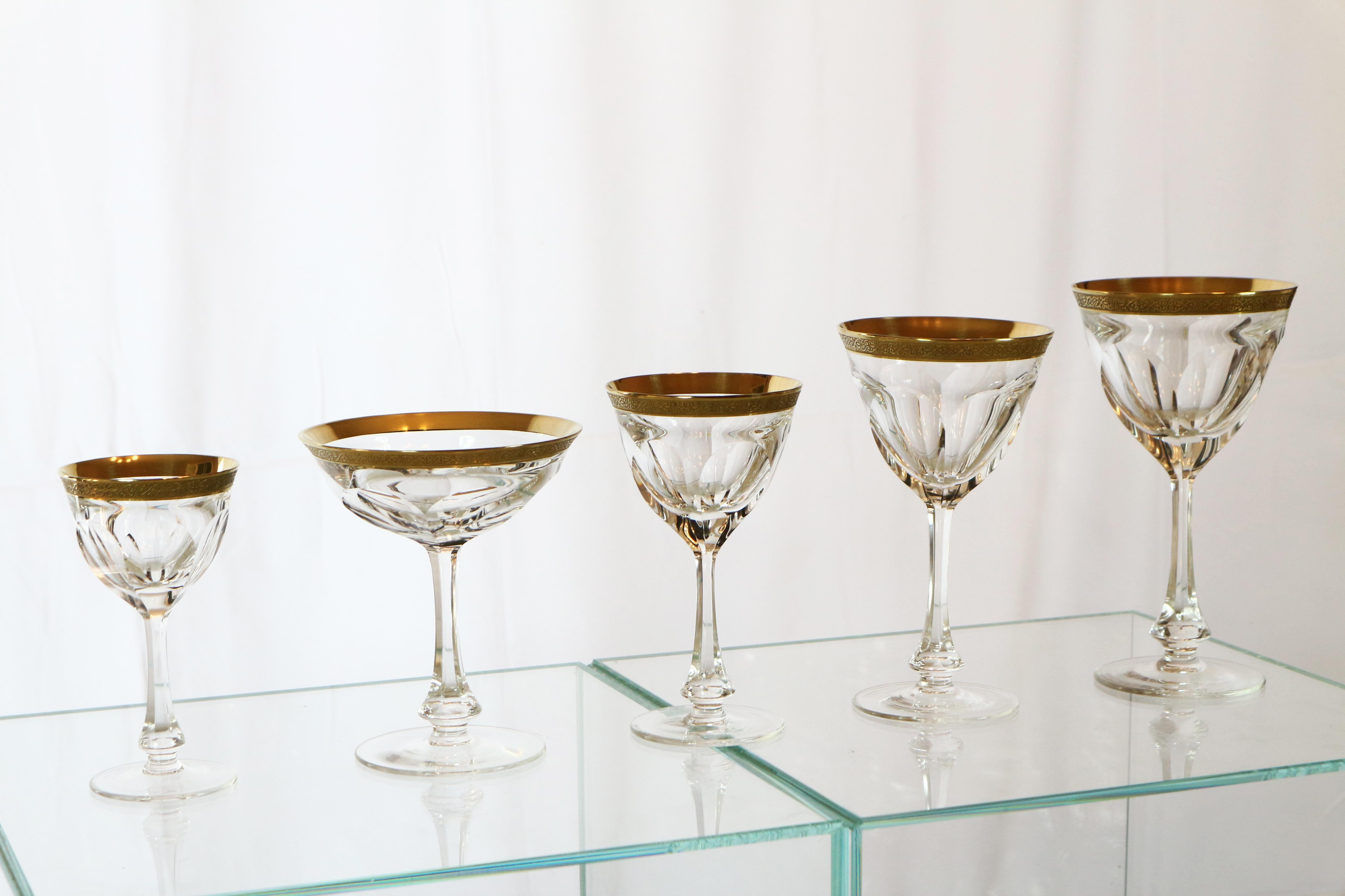 Art Deco Moser Set of 63 Pieces, Lady Hamilton, Clear Cristal with Gilded and Etched Band For Sale