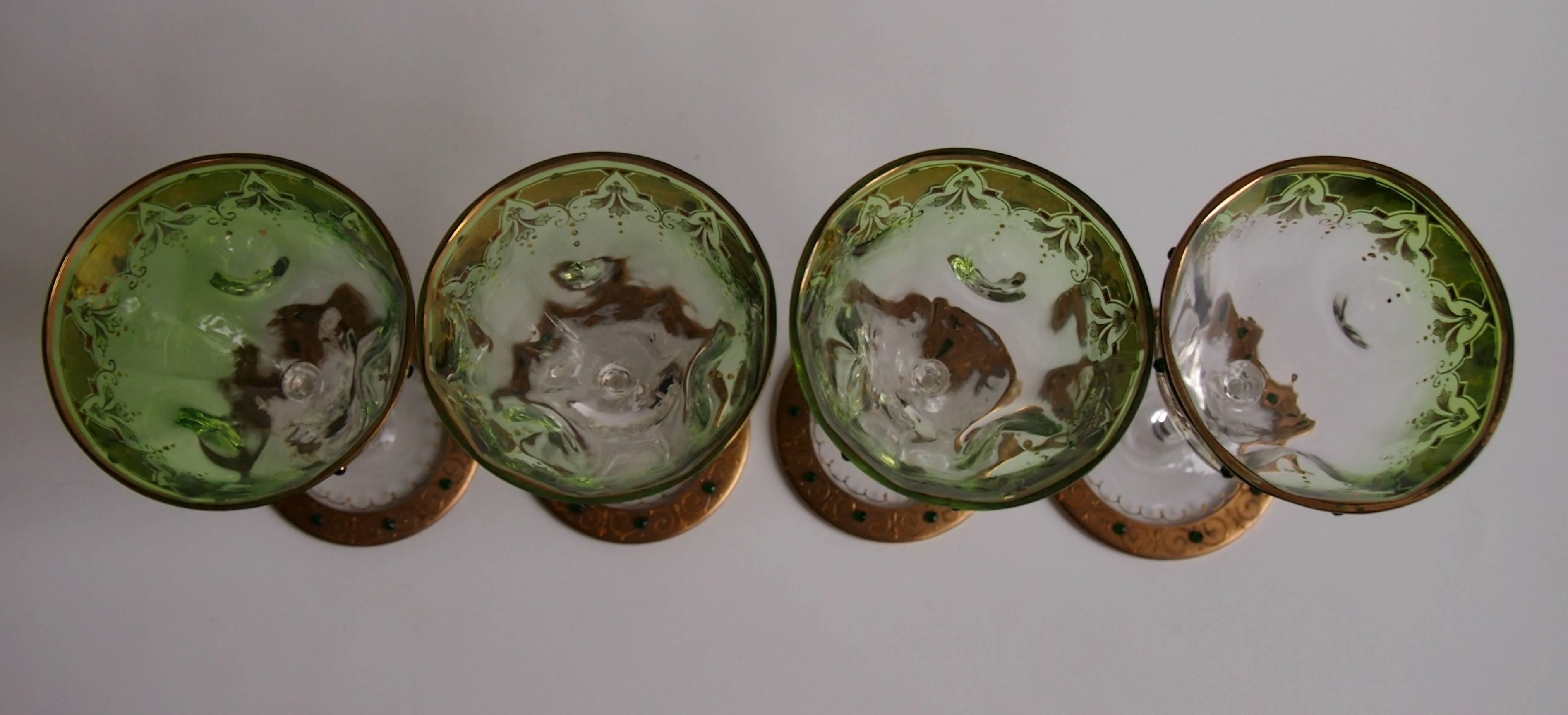 Moser Set of Eight Art Nouveau Green to Clear Enamel and Gilded Wine Glasses 2
