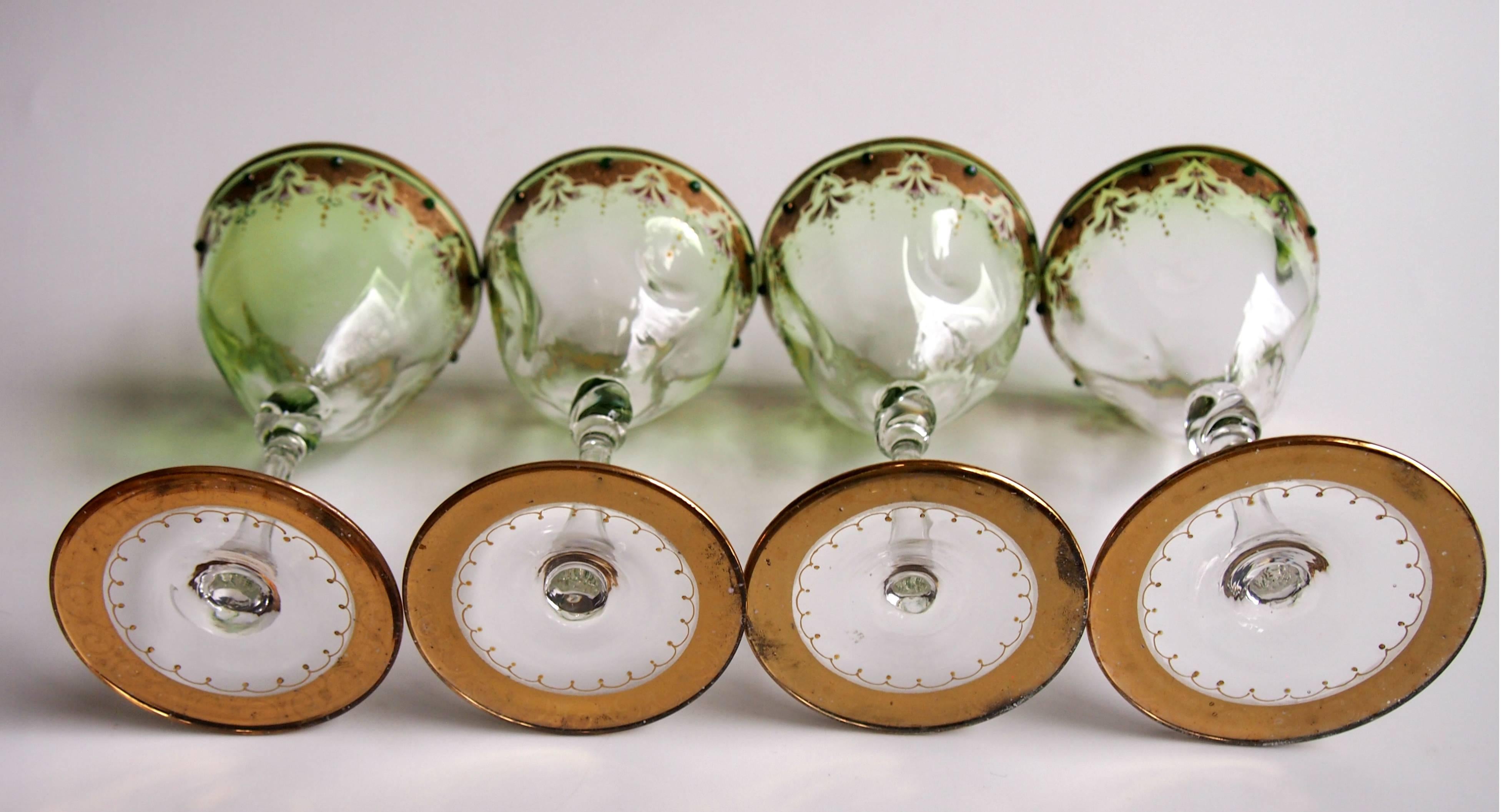 Moser Set of Eight Art Nouveau Green to Clear Enamel and Gilded Wine Glasses 3
