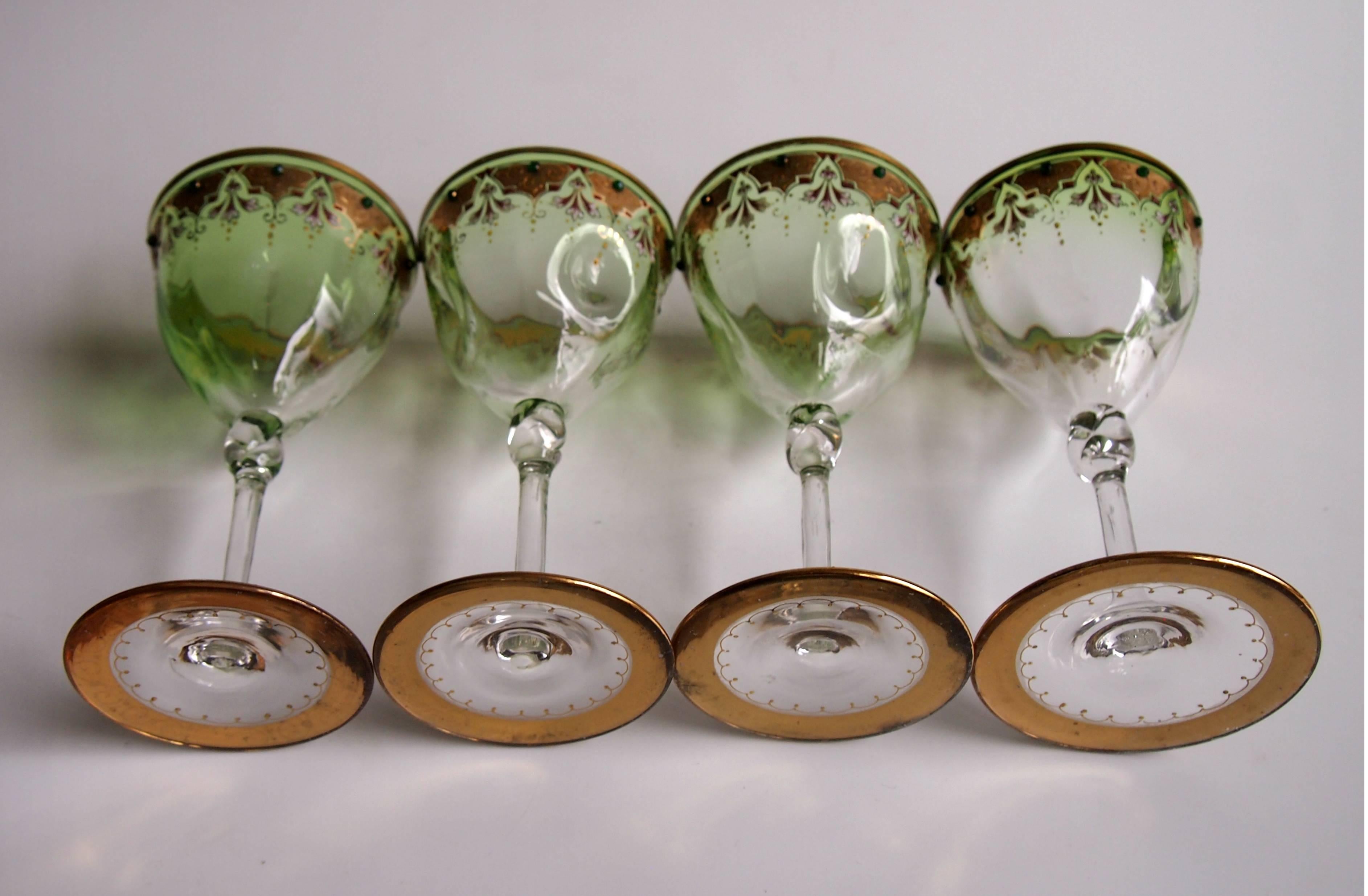Moser Set of Eight Art Nouveau Green to Clear Enamel and Gilded Wine Glasses 4