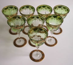 Moser Set of Eight Art Nouveau Green to Clear Enamel and Gilded Wine Glasses