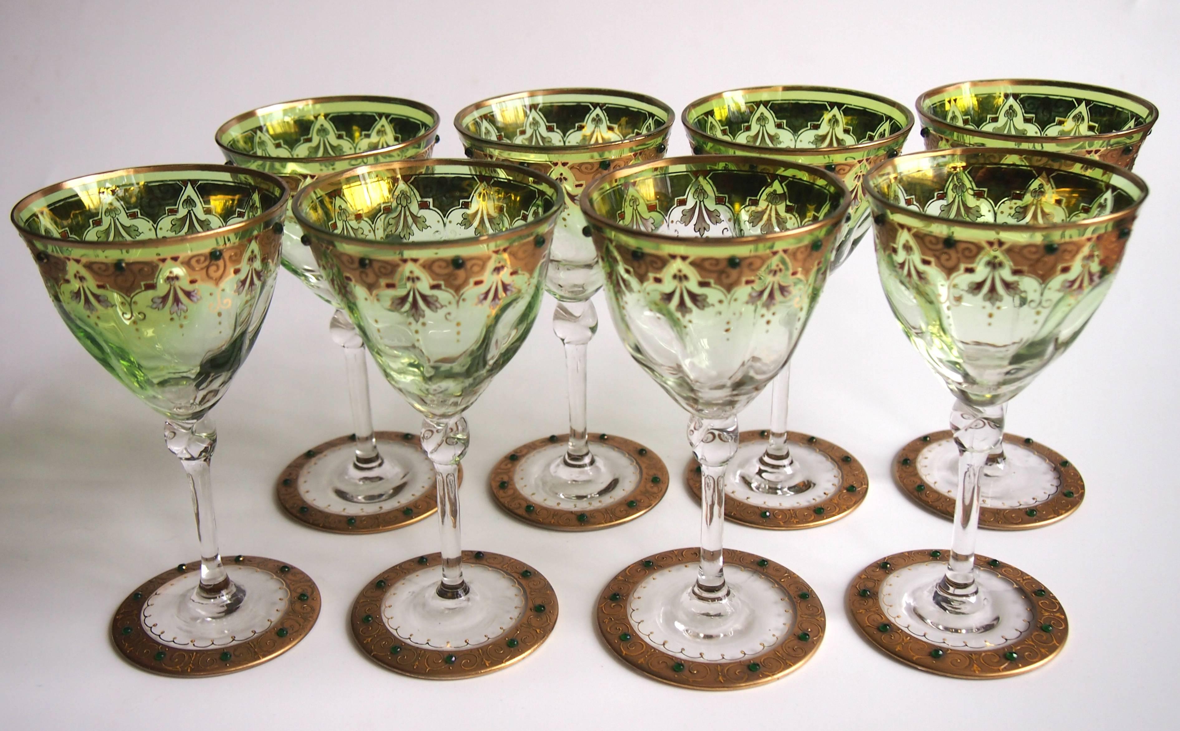 Moser Set of Eight Art Nouveau Green to Clear Enamel and Gilded Wine Glasses In Excellent Condition In London, GB