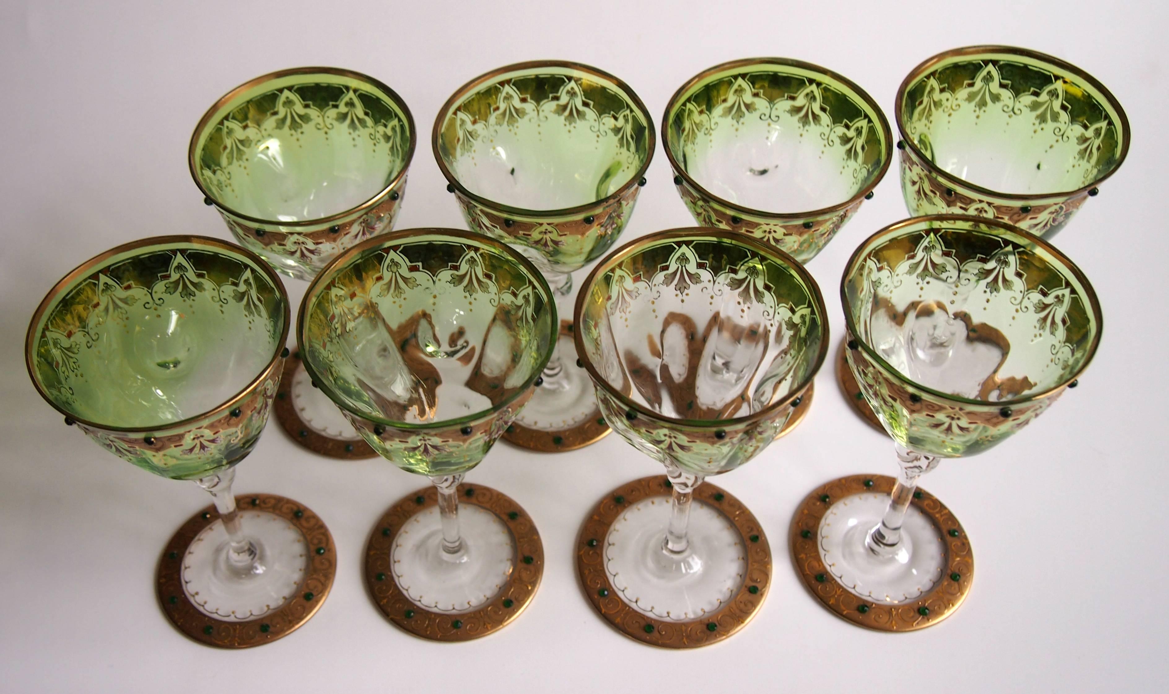Late 19th Century Moser Set of Eight Art Nouveau Green to Clear Enamel and Gilded Wine Glasses