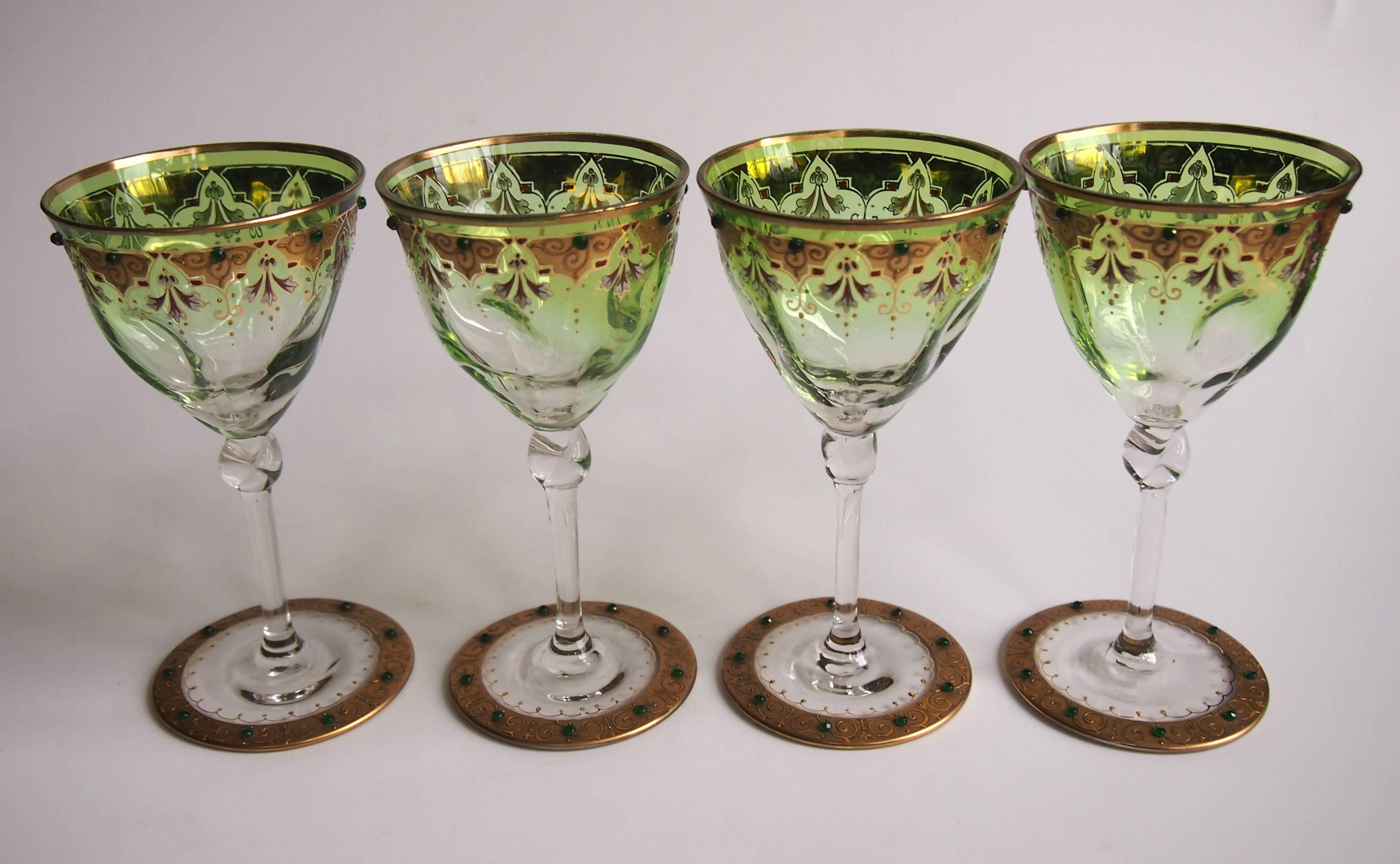 Art Glass Moser Set of Eight Art Nouveau Green to Clear Enamel and Gilded Wine Glasses