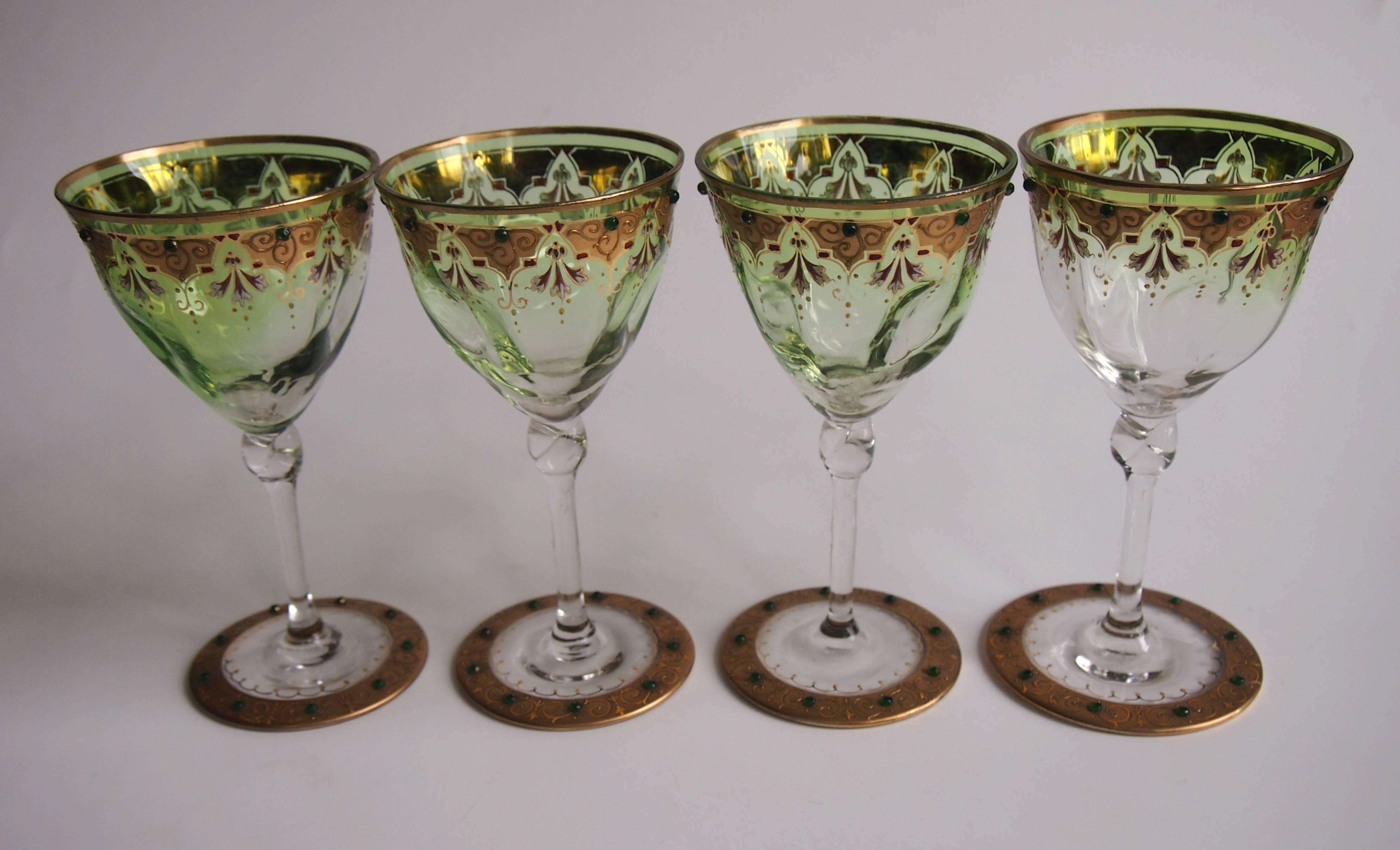 Moser Set of Eight Art Nouveau Green to Clear Enamel and Gilded Wine Glasses 1