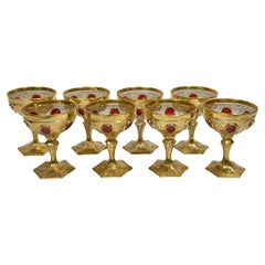 Antique Moser Set of Eight (8) Gilt Glass Goblets / Wine Glasses
