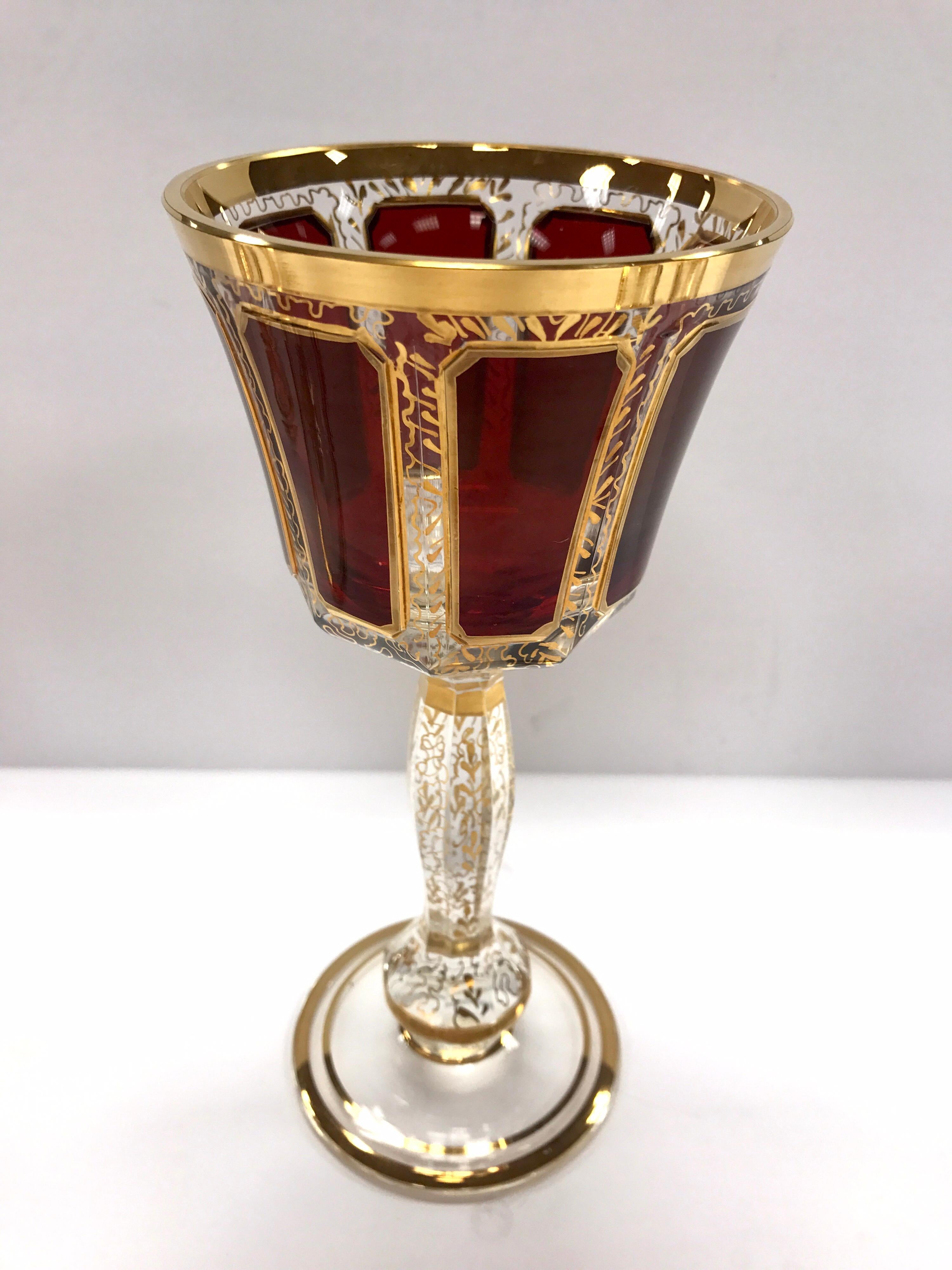 Rare set of Moser wine glasses done in burgundy red and gold.