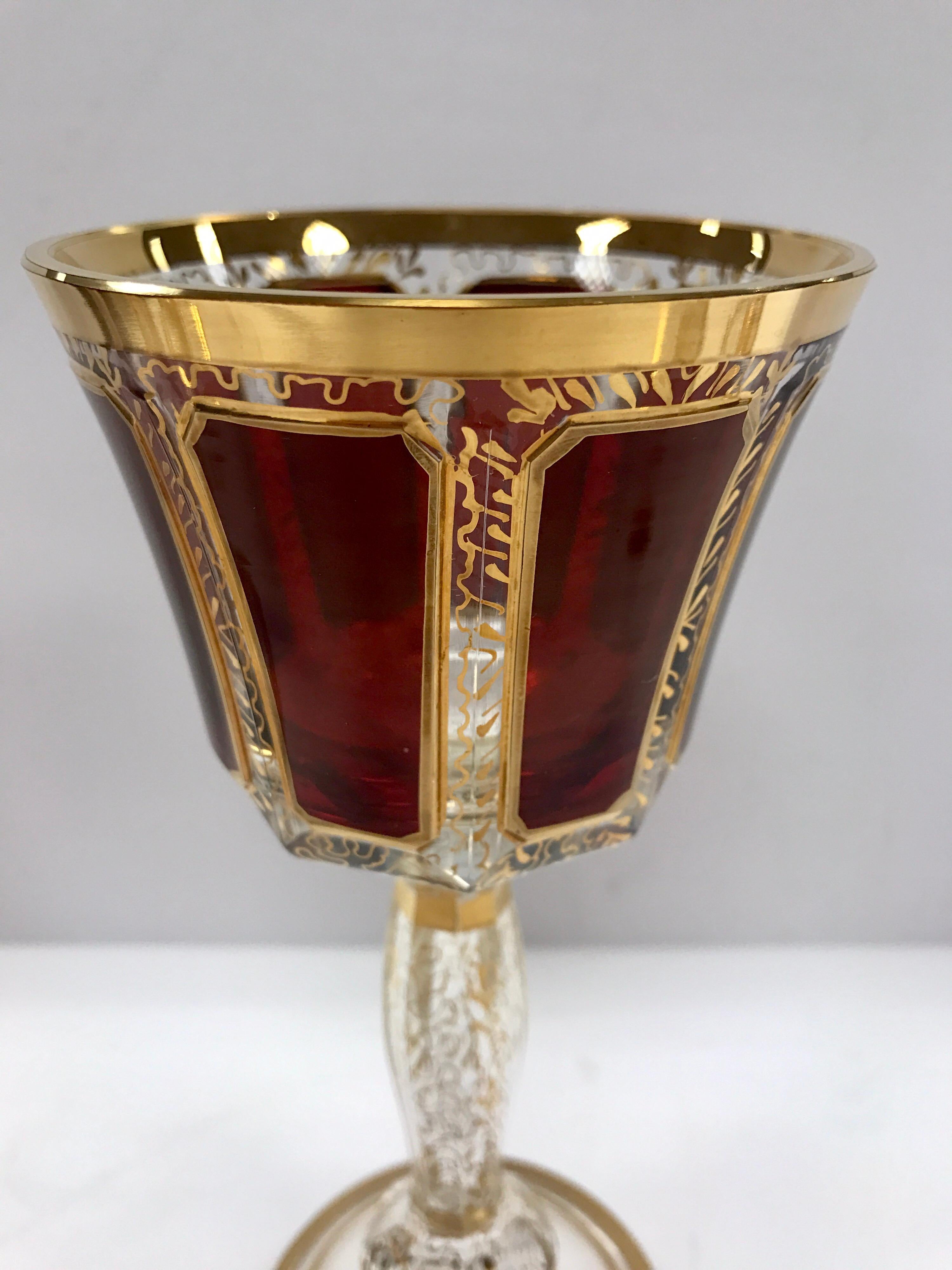 Czech Moser Set of Six Burgundy and Gold Bohemian Wine Glasses Goblets