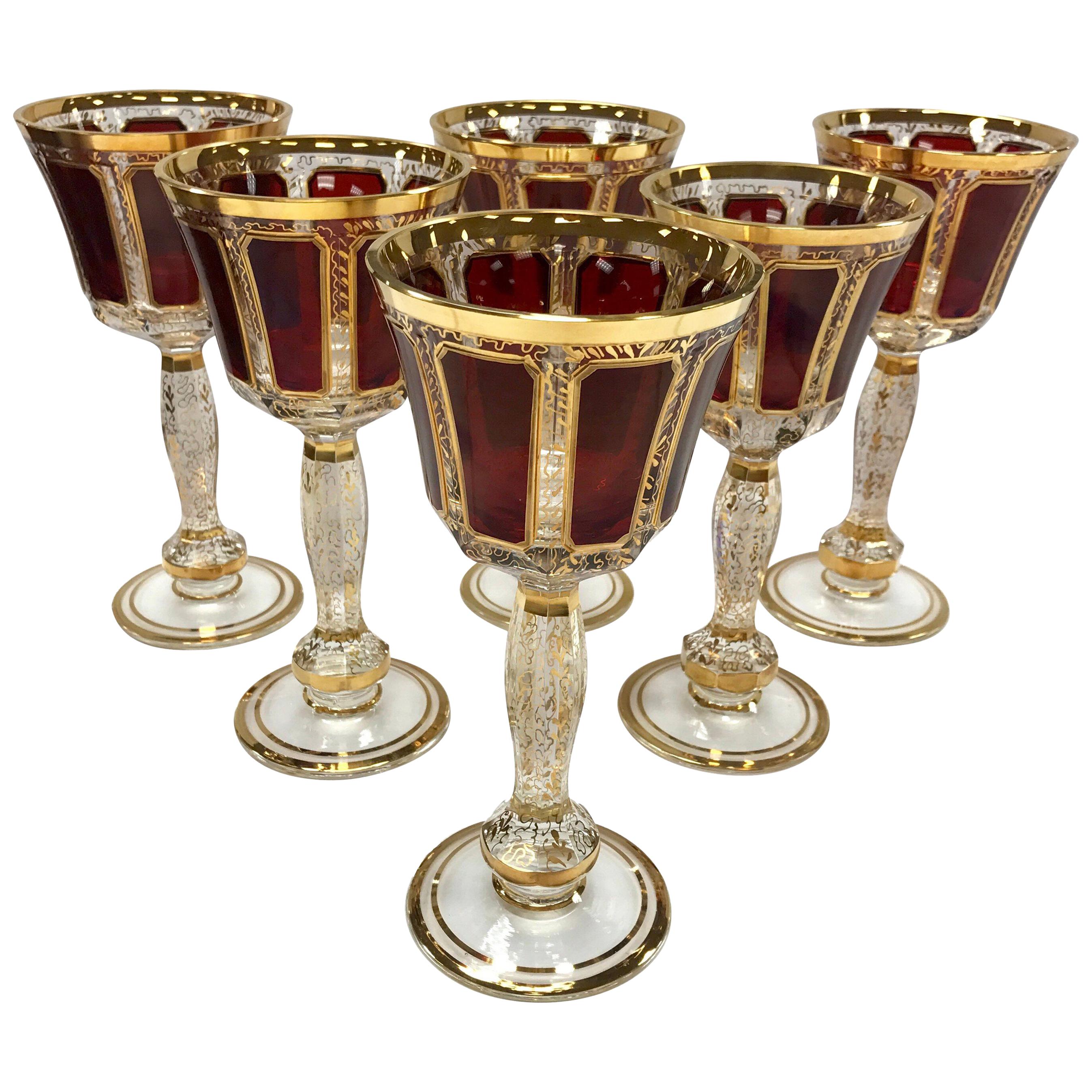 Moser Set of Six Burgundy and Gold Bohemian Wine Glasses Goblets