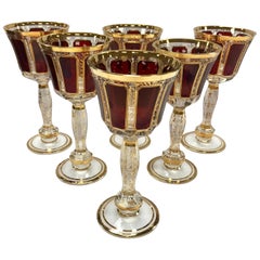Vintage Moser Set of Six Burgundy and Gold Bohemian Wine Glasses Goblets
