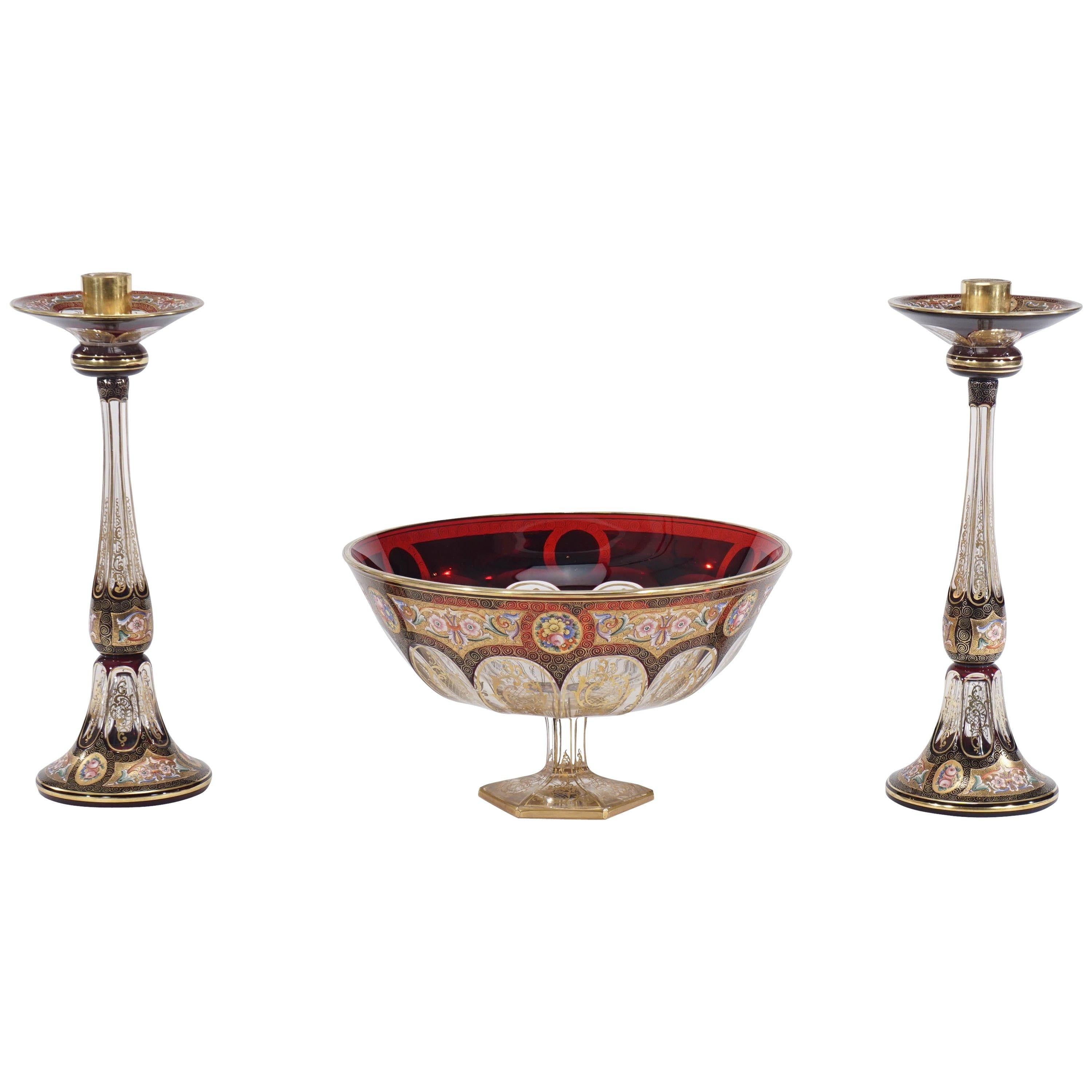 Moser Three-Piece Centrepiece in Ruby Red, Hand-Painted Enamel and Gold