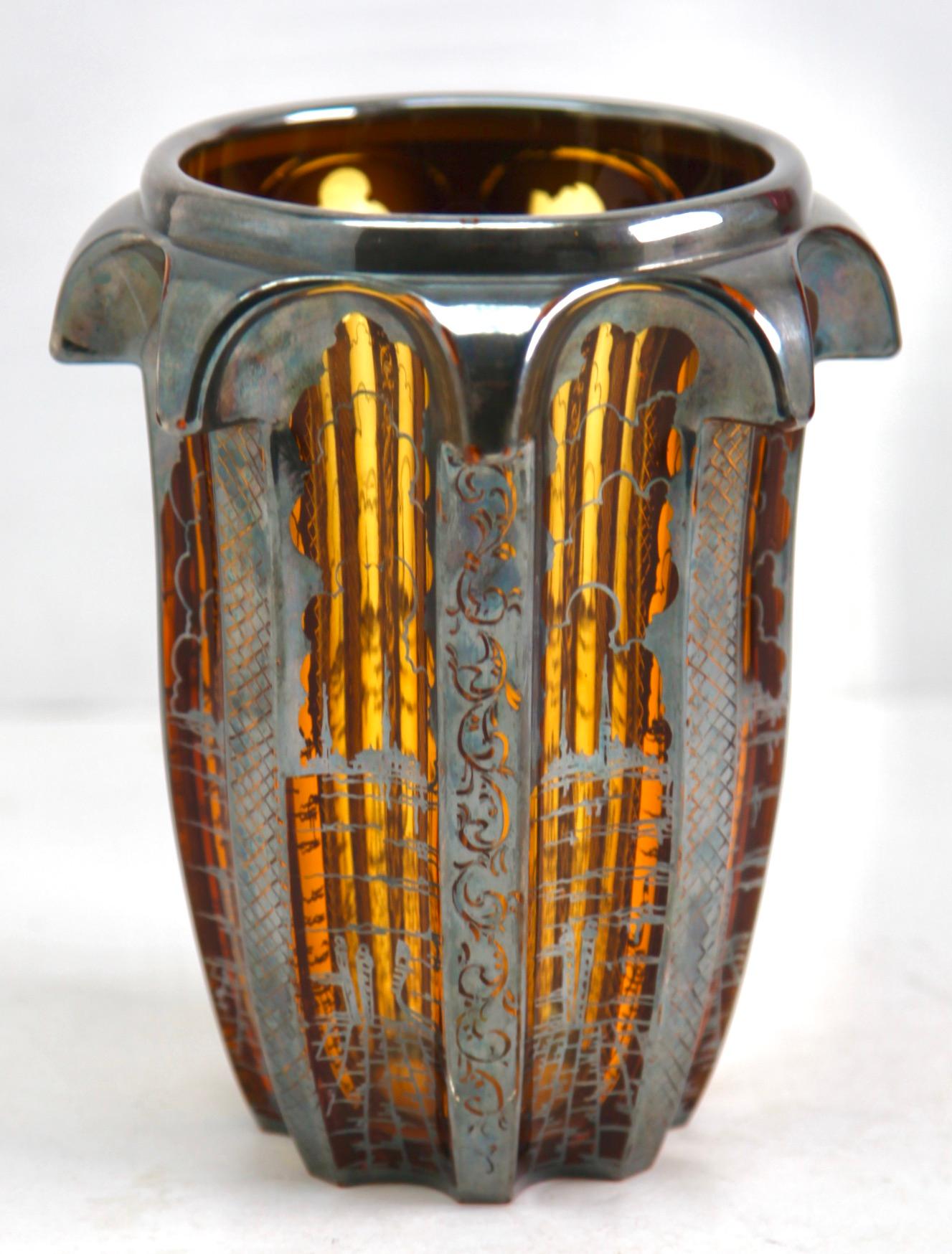 Art Deco Moser vase in Amber glass vase decorated Floral ornaments Silver Leaf For Sale